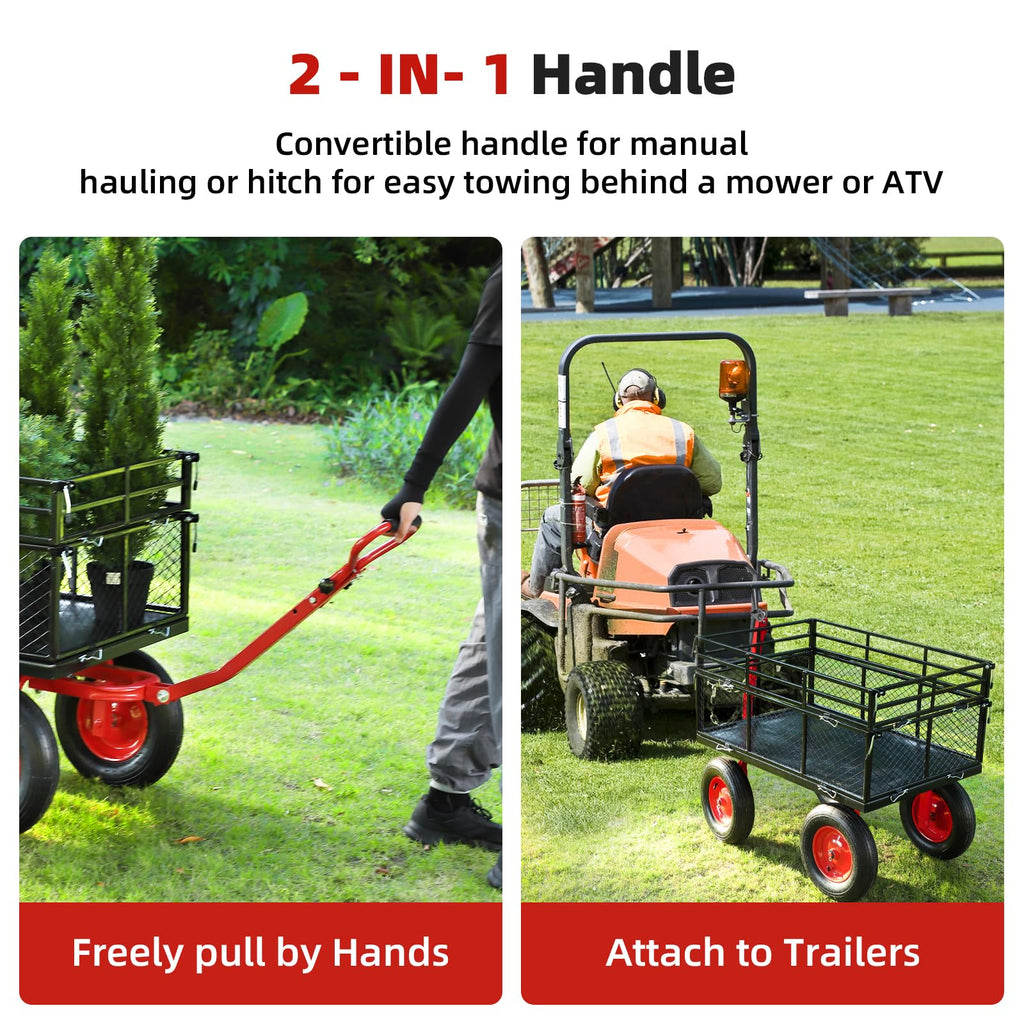 Garvee 1400lbs Steel Garden Cart - Heavy Duty Yard & Garden Wagon with Removable Mesh Sides, 2-in-1 Rotating Handle & 16" All-Terrain Wheels for Farm & Yard