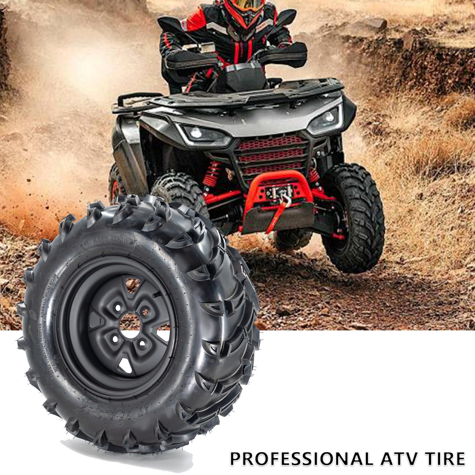Garvee Set Of 2 25x8-12 ATV Tires With 6PR UTV Tires And 12" Steel Wheel Rim 4 Bolt For Off-Road Mud Sand Terrain, All-Season, Black