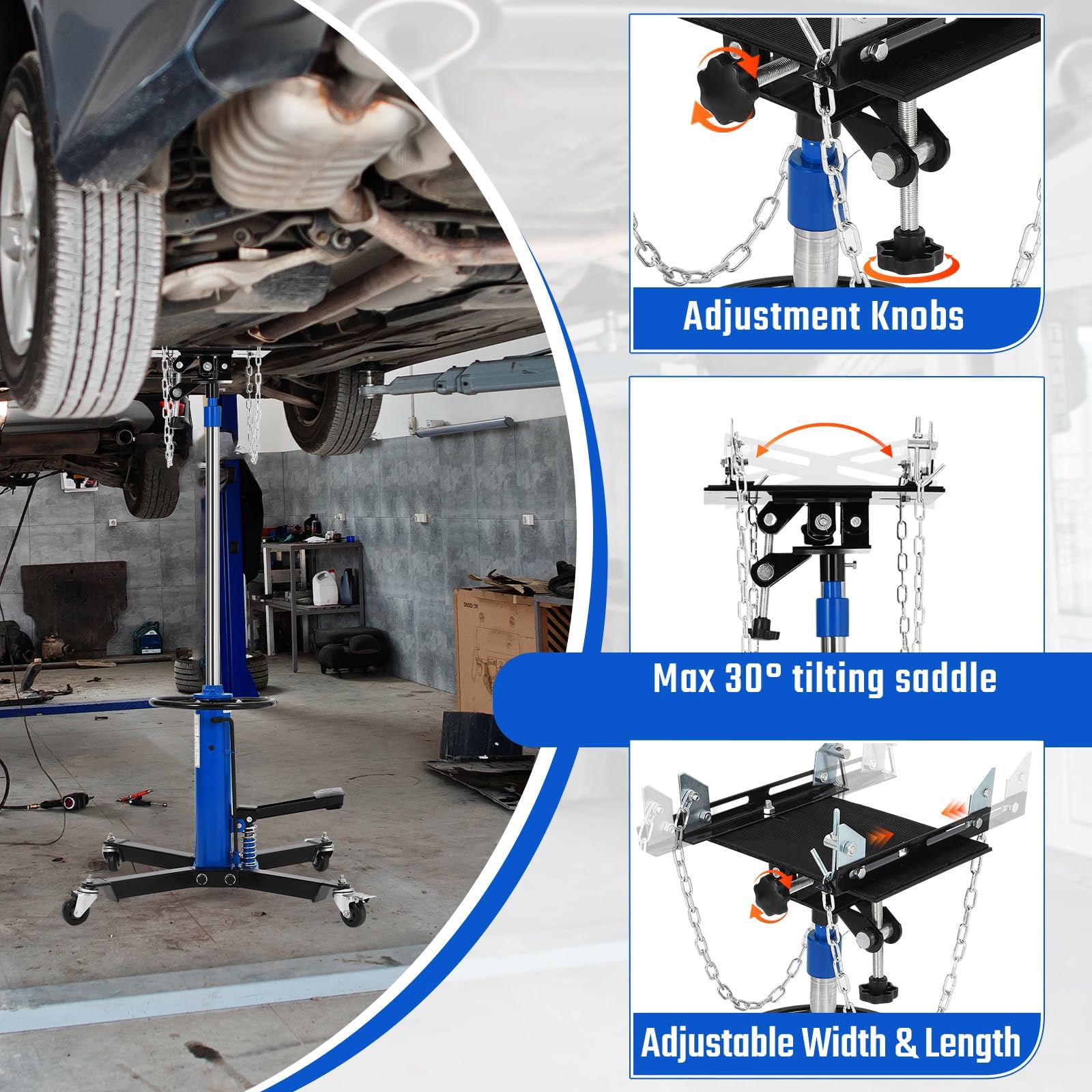 Garvee Heavy-Duty 1332 lbs Hydraulic Transmission Jack - Low Profile Telescoping Lift (34 to 68 Inches) with 360° Swivel Casters for Auto Repair Shops and Garage Vehicle Maintenance, Blue
