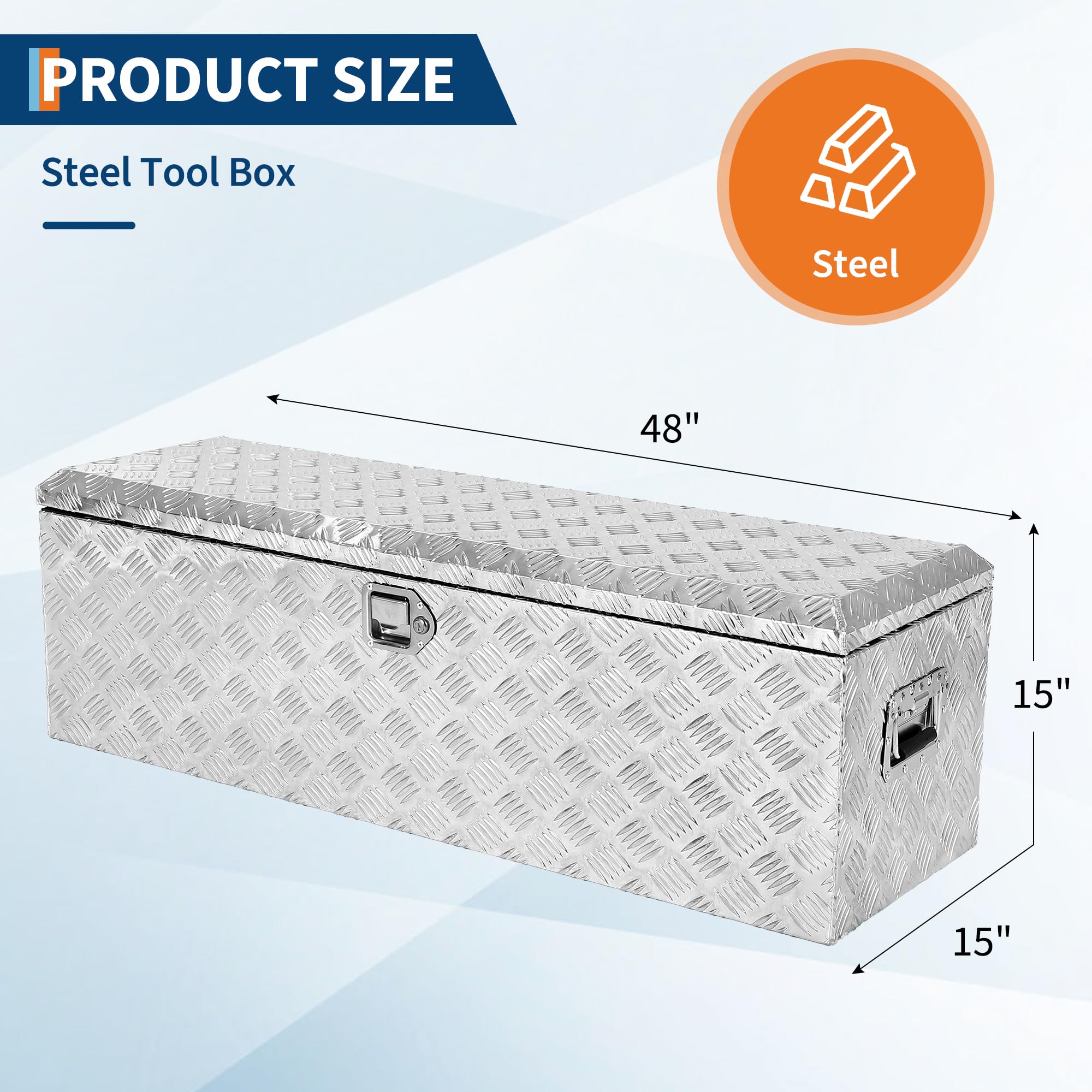Garvee 48X15 Inch Truck Bed Tool Box, Heavy-Duty Aluminum Diamond Plate Storage Chest, Waterproof with Lock, for Trucks, Trailers, RVs, and Warehouses, Silver