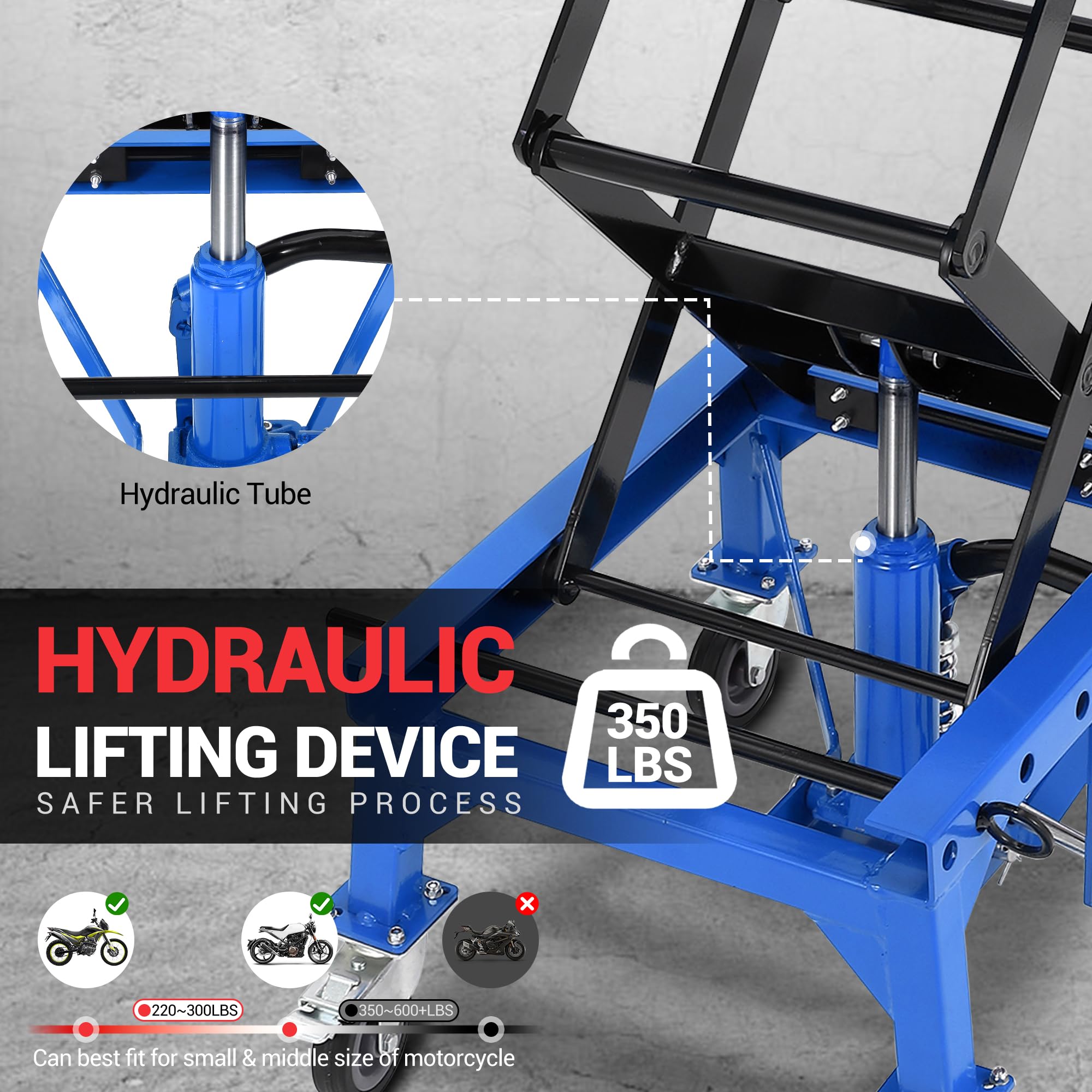 Garvee 350 lbs Hydraulic Motorcycle Lift Jack Table - Foot-Operated Scissor Lift with Anti-Slip Platform, Drainage Rubber Mat, and J-Hooks for Motorcycle, ATV, and Dirt Bike Maintenance, Blue