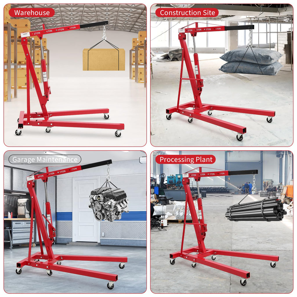 Garvee 2-Ton Folding Engine Hoist - Cherry Picker Hydraulic Shop Crane with 4400 lbs Capacity, Red