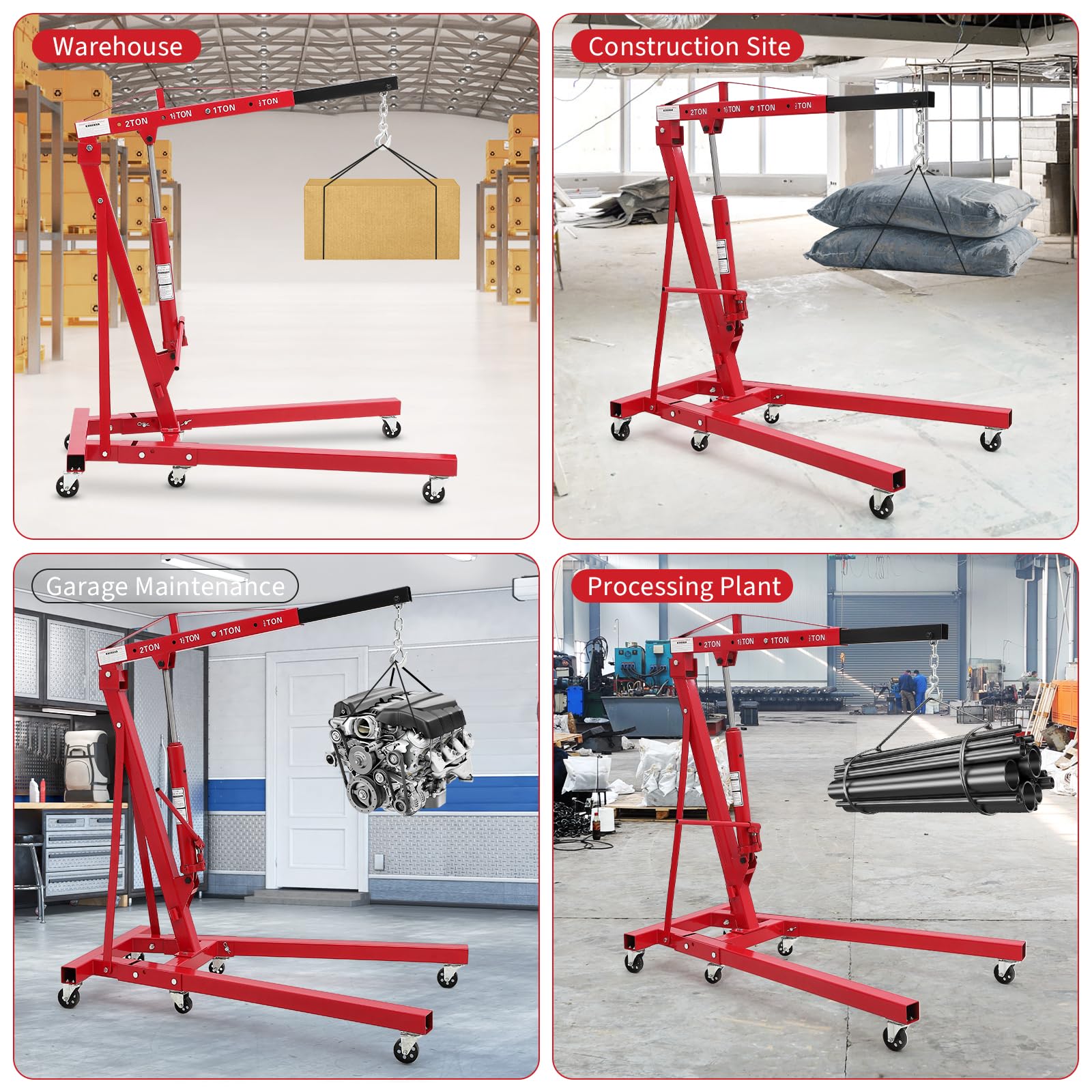 Garvee 2-Ton Folding Engine Hoist - Cherry Picker Hydraulic Shop Crane with 4400 lbs Capacity, Red