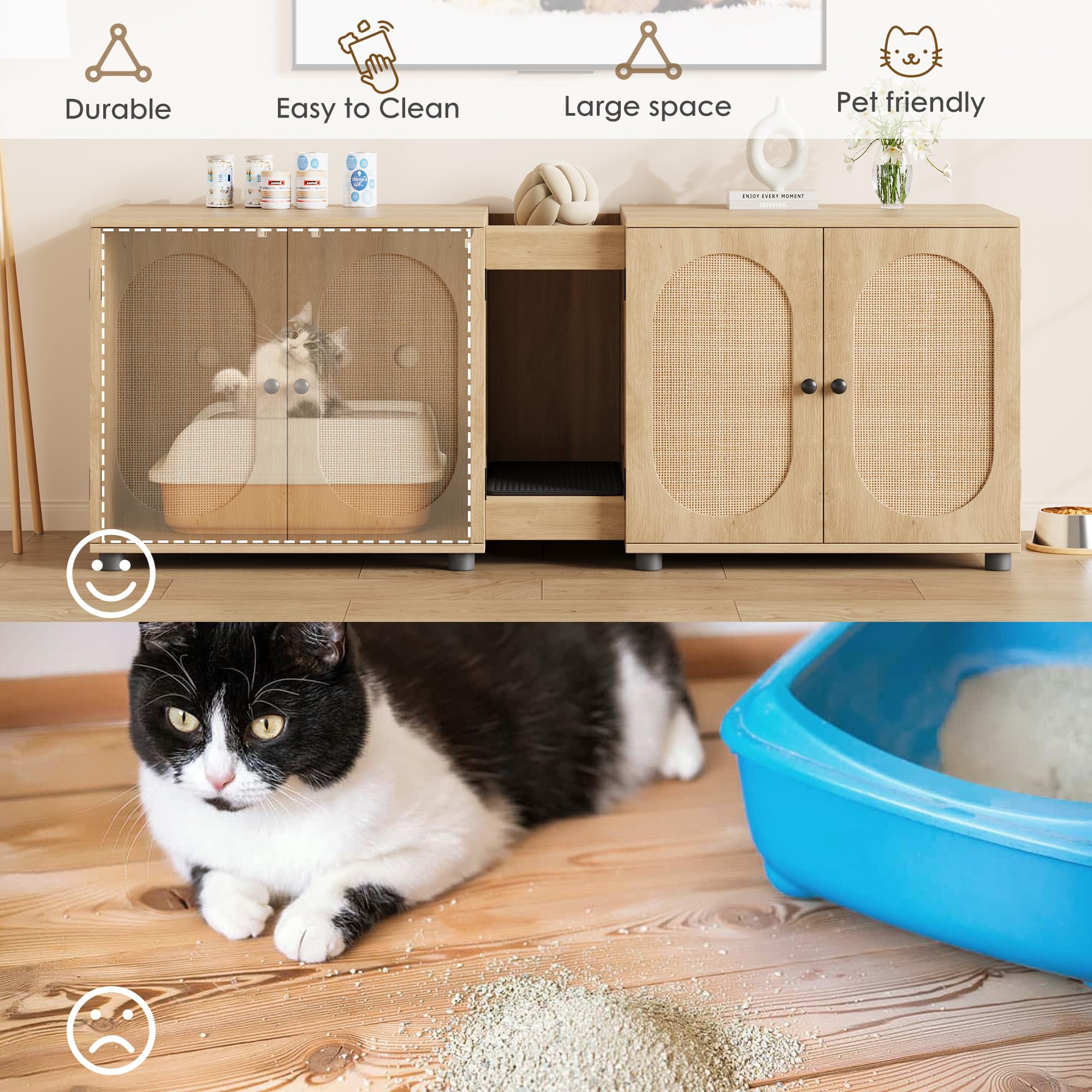 Garvee Cat Litter Box Enclosure 55.1" Double Litter Box Furniture Large Cat Box Enclosure Kitty Litter Box for 2 Cats Hidden Cat Litter Cabinet Double Cage with Cat Litter pad Rattan Door