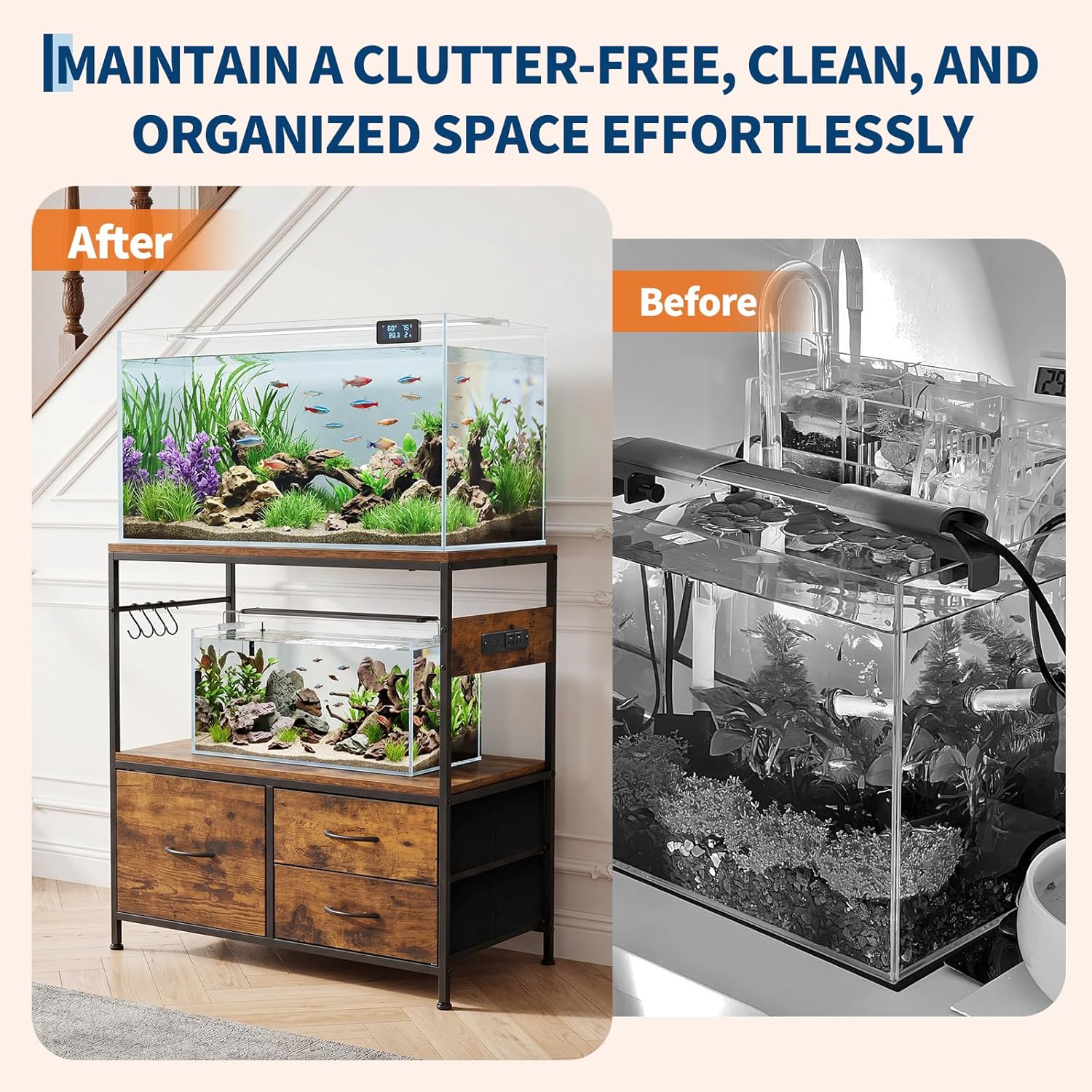 Garvee Fish Tank Stand, Metal Double Aquarium Stand with Cabinet, Heavy Duty Reptile Terrarium Stand
