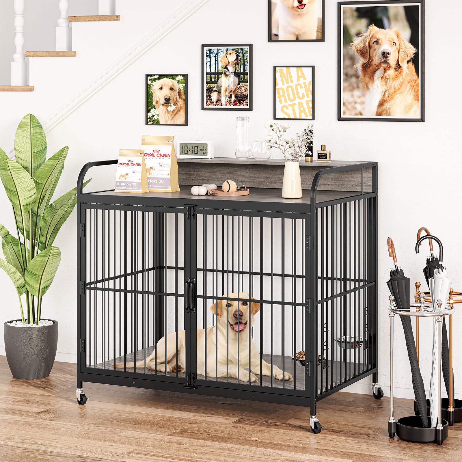 Garvee 48" Dog Kennel Furniture for Large Dogs,Large Dog Crate, Wooden Heavy Duty, Dog Crate Indoor with Adjustable Height Bowls, 48" L X 29.9" W X 44.3" H,Grey