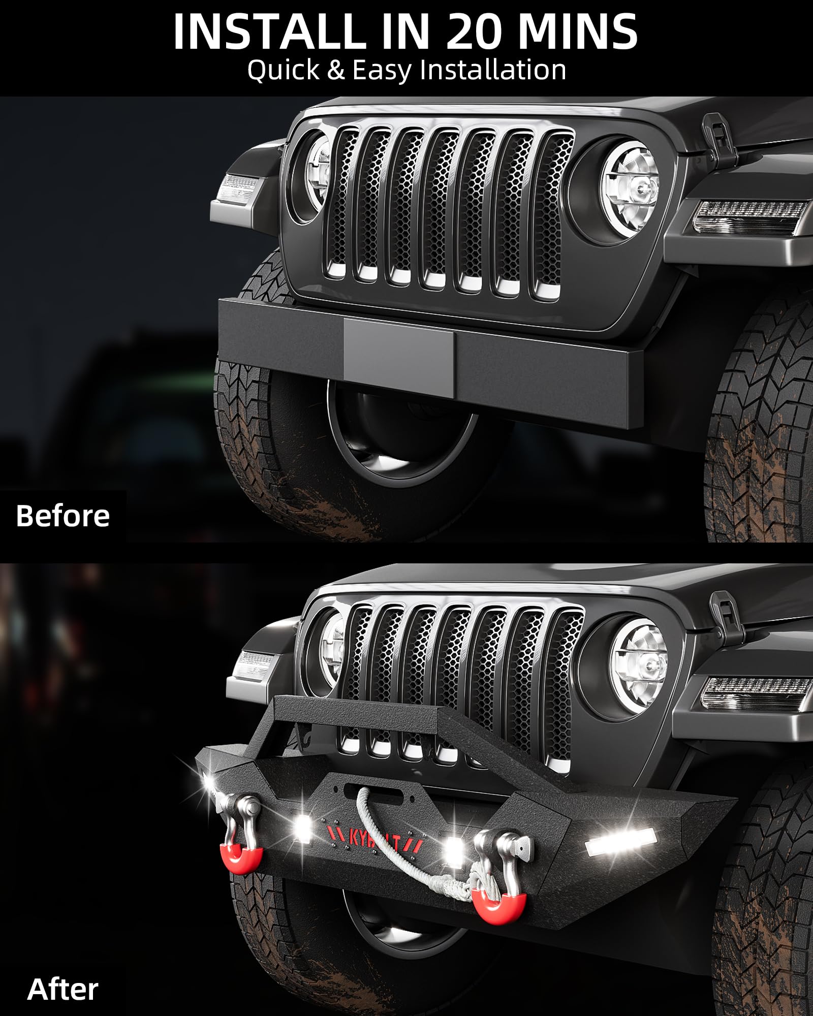 Garvee Front Bumper Compatible with 2018-2024 Jeep Wrangler JL & Unlimited, 20-23 Gladiator, Rock Crawler Off-Road Bumper with Winch Plate & 4 LED Lights & D-rings Black