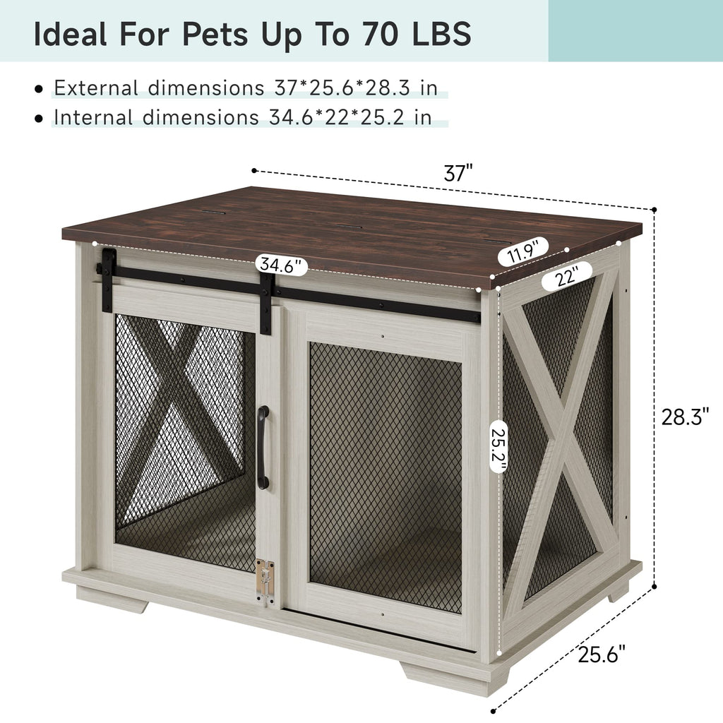 Garvee 37'' Dog Crate Furniture Side End Table with Flip Top and Movable Divider, Wooden Dog Crate Table Large, Style Dog Kennel Side End Table - White