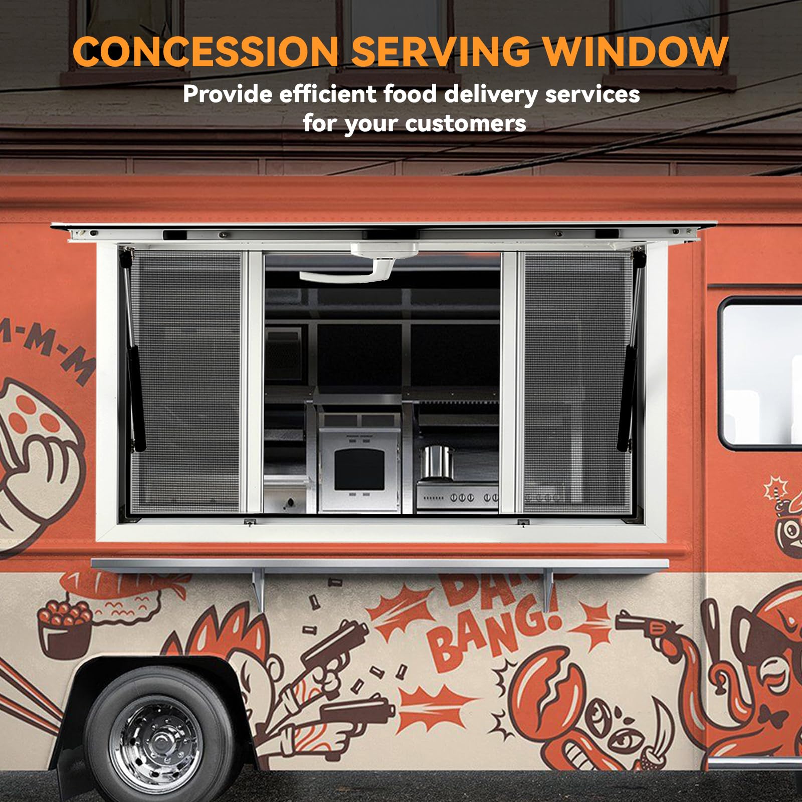 Garvee Concession Window, 53" x 33" Aluminum Alloy Concession Stand Serving Window Door with 4 Horizontal Sliding Screen Windows & Awning Door & Drag Hook, Serving Window for Food Trucks Concession Trailers
