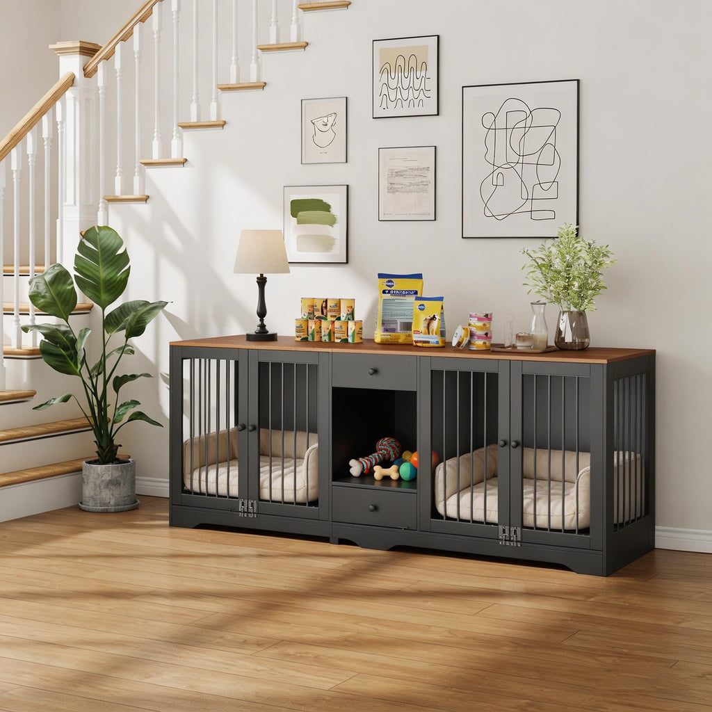 Garvee Dog Crate Furniture 83'' Indoor Dog Kennel with 4 Lockable Doors and 2 Drawers for Medium and Large Dogs, Black, Multi-Functional