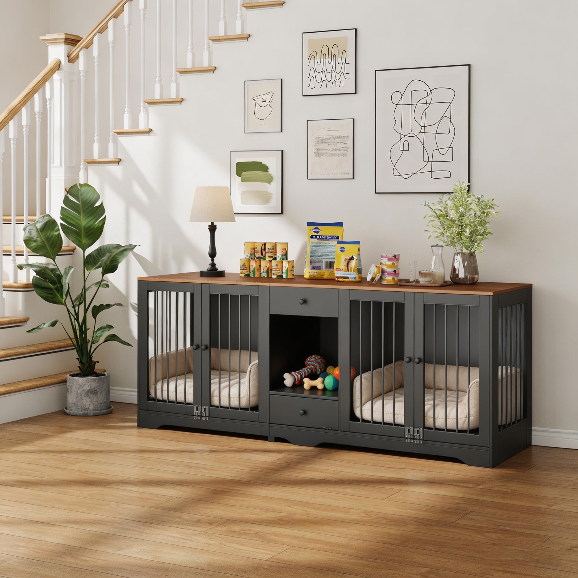 Garvee Dog Crate Furniture 83'' Indoor Dog Kennel with 4 Lockable Doors and 2 Drawers for Medium and Large Dogs, Black, Multi-Functional