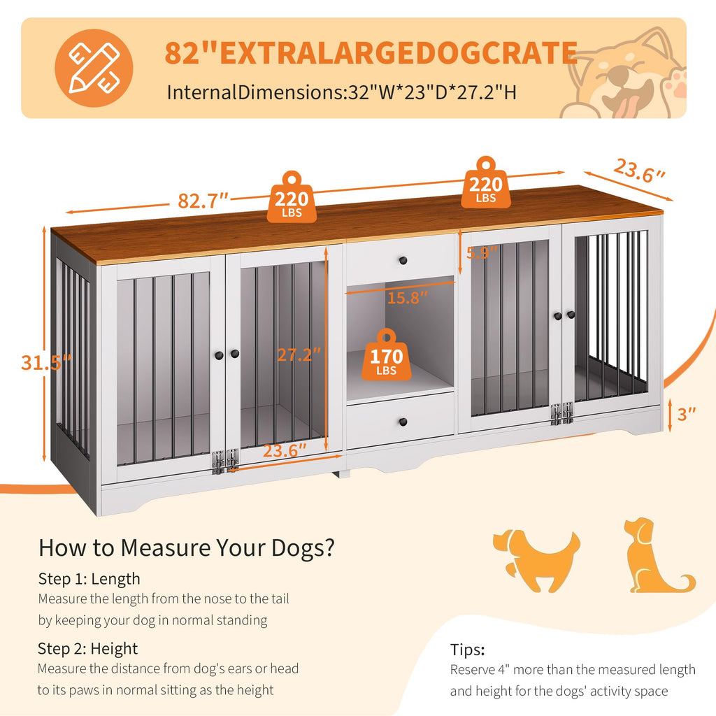 Garvee Dog Crate Furniture 83'' Indoor Dog Kennel with 4 Lockable Doors & 2 Drawers for Medium and Large Dogs, White, Multi-Functional Living Room Furniture