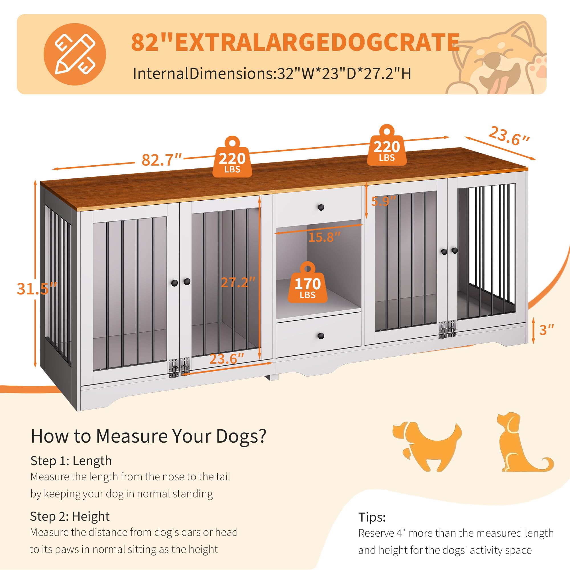 Garvee Dog Crate Furniture 83'' Indoor Dog Kennel with 4 Lockable Doors & 2 Drawers for Medium and Large Dogs, White, Multi-Functional Living Room Furniture