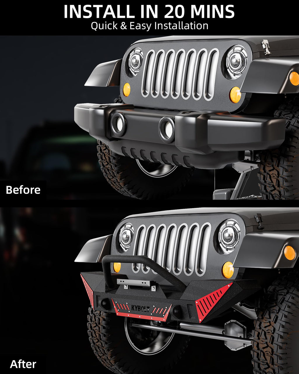 Garvee Front Bumper Compatible with 2007-2018 Jeep Wrangler JK & Unlimited JKU (2/4 Doors), Rock Crawler Off Road Full Width Bumper w/Winch Plate & Paintable Armor
