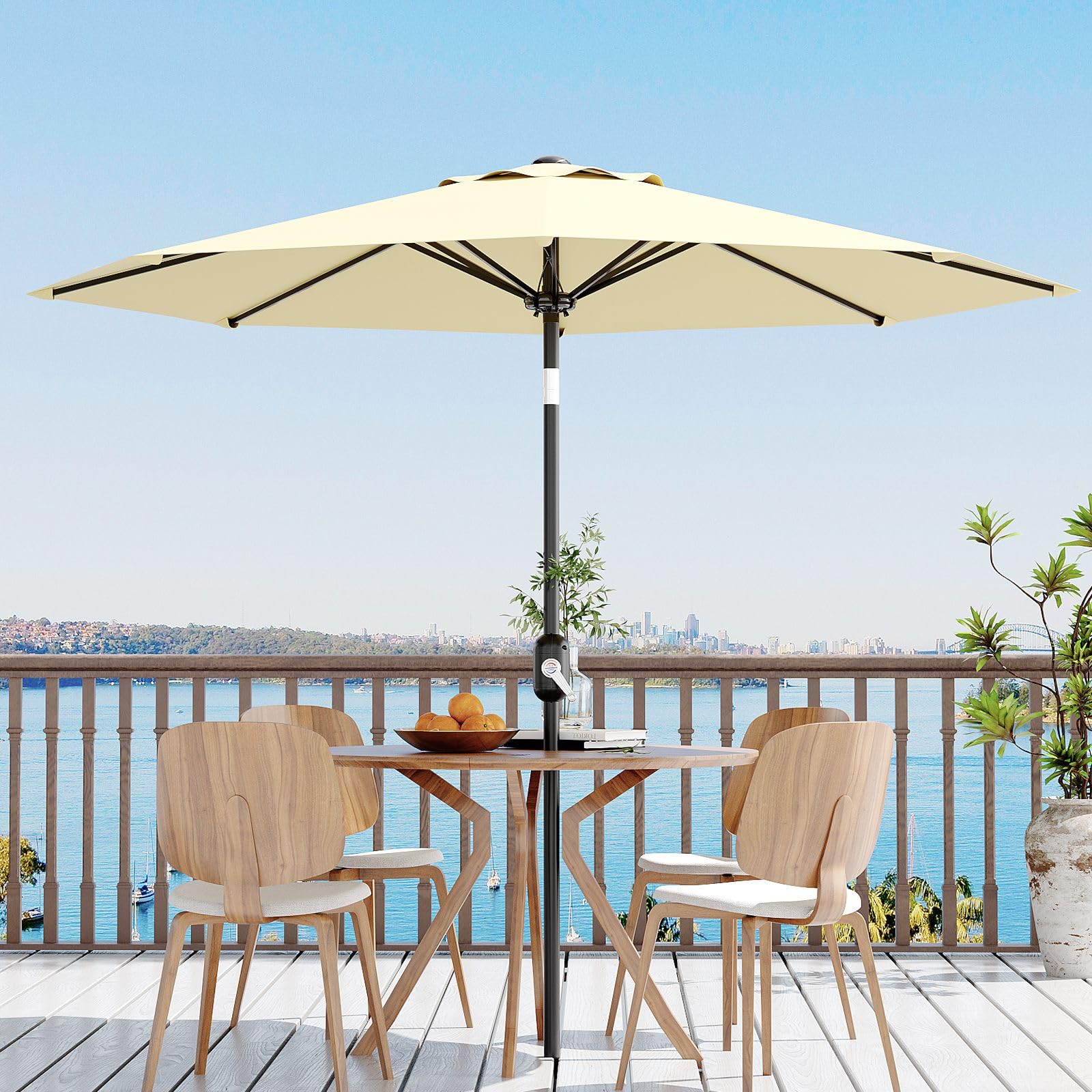 Garvee 9' Outdoor Patio Umbrella, Outdoor Table Umbrella – Market Umbrella with Push Button Tilt, Crank, 8 Ribs, UV Waterproof for Garden, Deck, Pool, Beige