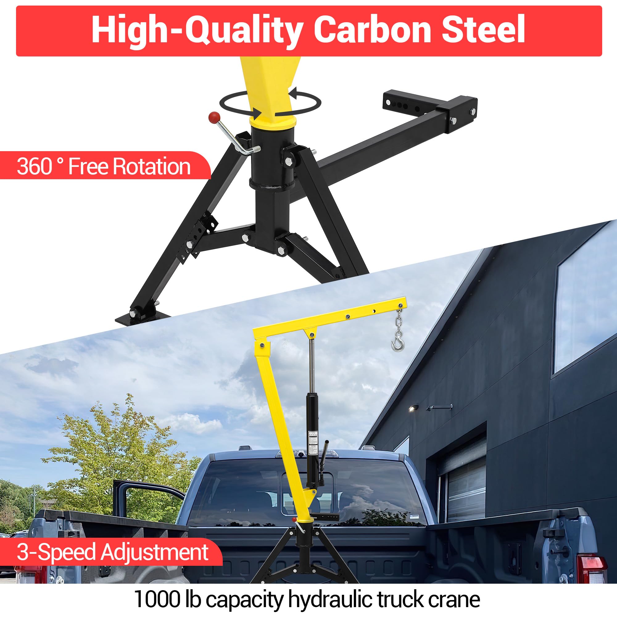 Garvee Hydraulic Hitch-Mount Truck Crane - 1000lb Capacity with Adjustable Arm Length and Boom Height, Heavy-Duty Steel Construction, Yellow
