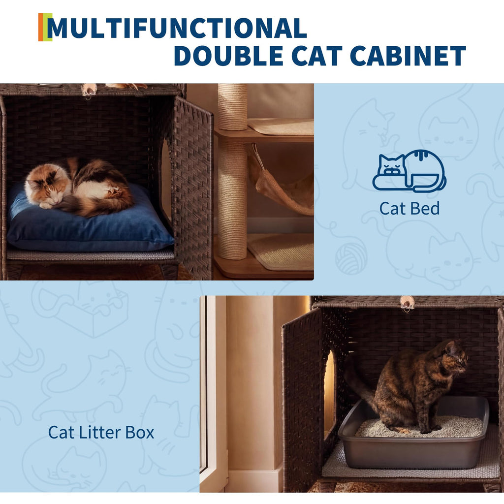 Garvee Cat Litter Box Enclosure Furniture Handwoven Rattan Hidden Cat Washroom Large Space Living Room Bedroom Brown