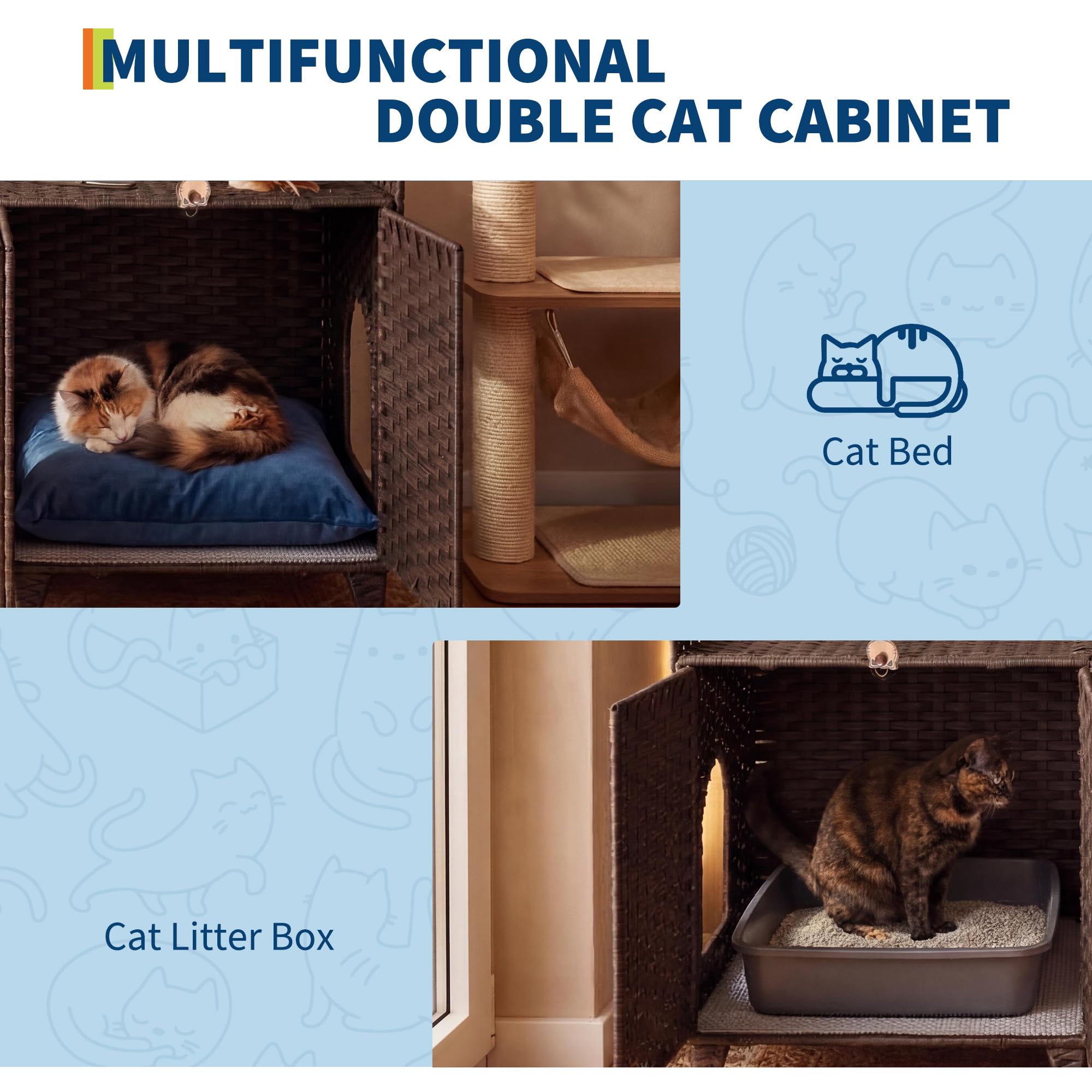 Garvee Cat Litter Box Enclosure Furniture Handwoven Rattan Hidden Cat Washroom Large Space Living Room Bedroom Brown