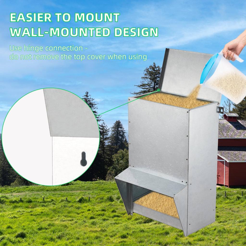 Garvee Galvanized Chicken Treadle Feeder, Poultry Feeder, 50lbs Automatic Chicken Feeder with Sides Buffer System, for 30-40 Chickens