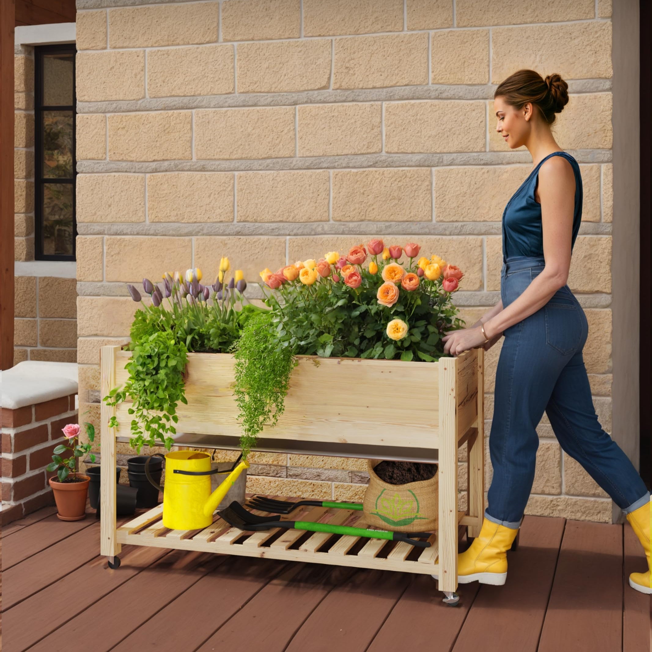 Garvee 48"x24" Cedar Raised Garden Bed with Locking Wheels Elevated 30" Deep Planter Box, Quick 30-Min Assembly for Herbs & Vegetables, Natural