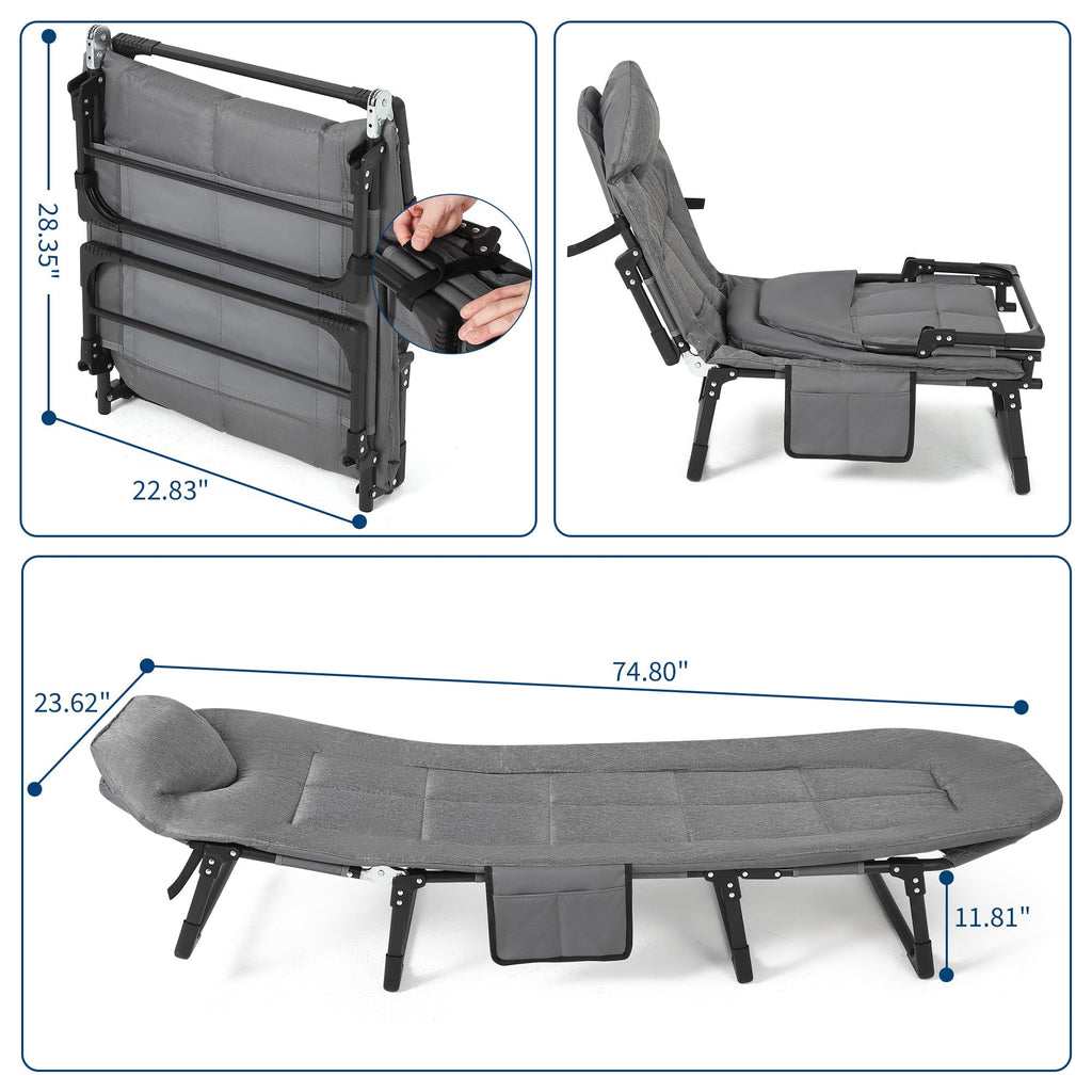 Garvee 75" Portable Folding Bed with Cushion and Pillow, Camping Cot for Adults, Lightweight, Grey, 500 Lbs Support