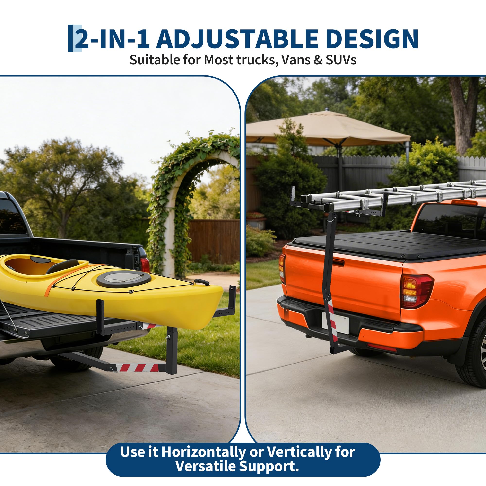 Garvee Adjustable 750 Lbs Hitch Mount Truck Bed Extender - Heavy Duty Steel, Foldable Pickup Rack for Kayak, Ladder, Lumber, Black