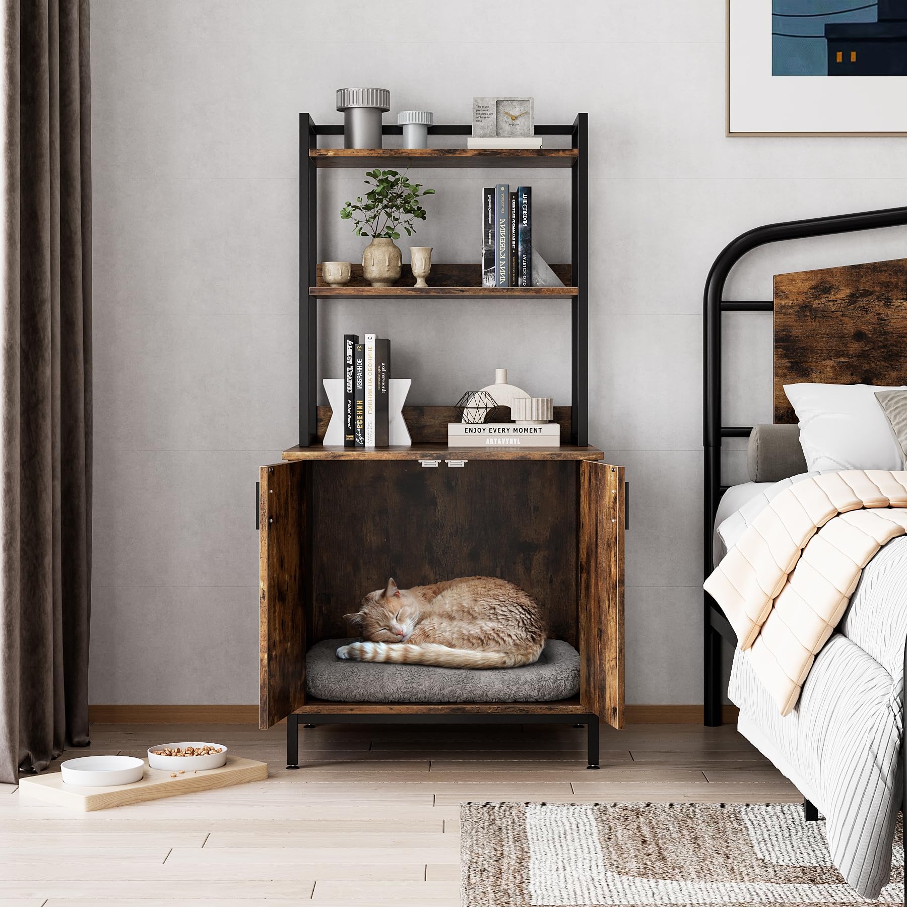 Garvee Litter Box Enclosure Cat Cabinet + Hidden Cat Litter Box + 2 Storage Shelves + Vintage Wood + Indoor Cat House + Rustic Brown