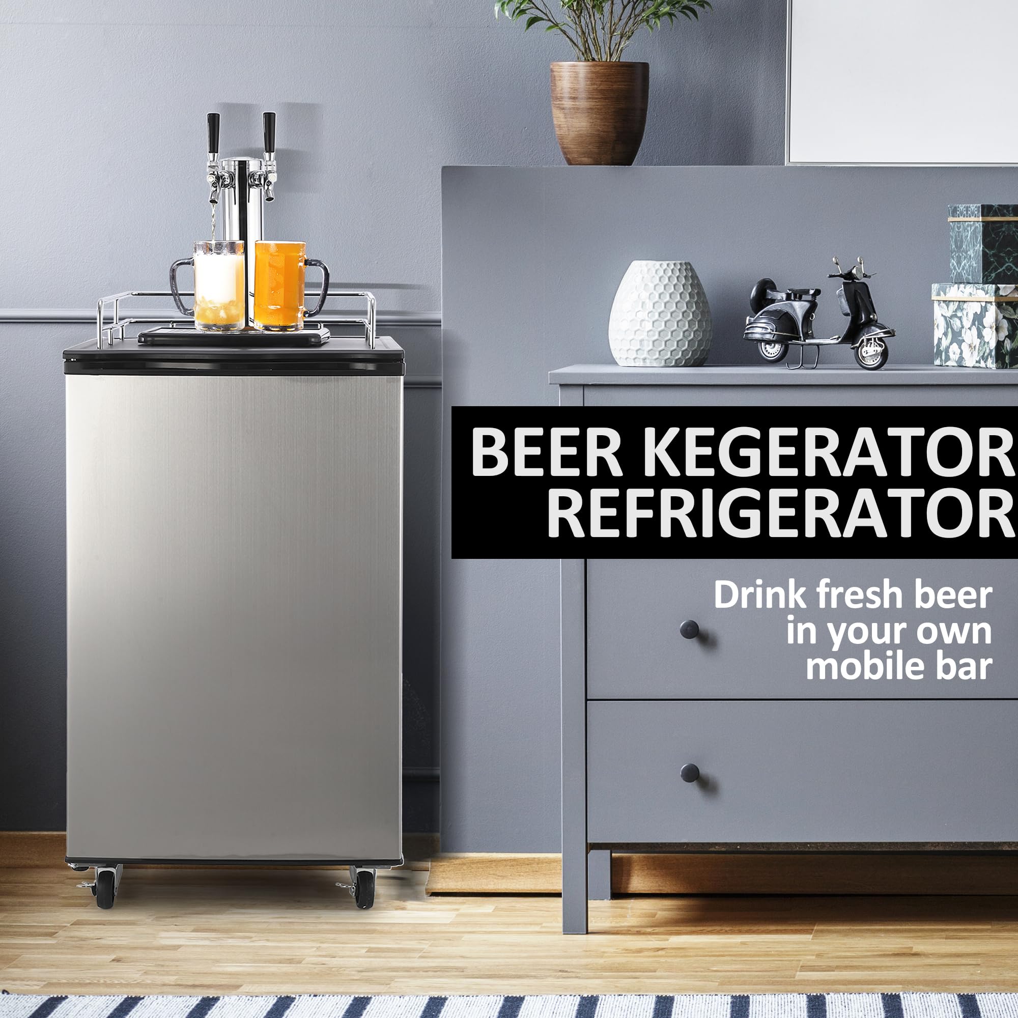Garvee Beer Kegerator, Dual Tap Draft Beer Dispenser, Full Size Stainless Steel Keg Refrigerator With Drip Tray, CO2 Cylinder, 32°F- 50°F Temperature Control, 170L