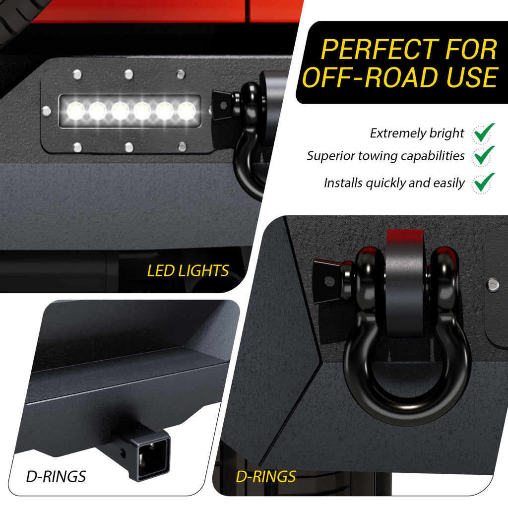 Garvee Rear Bumper Compatible With Wrangler JK, Rock Crawler Rear Bumper Cover With Hitch Receiver & 2X LED Lights, Off Road, Black