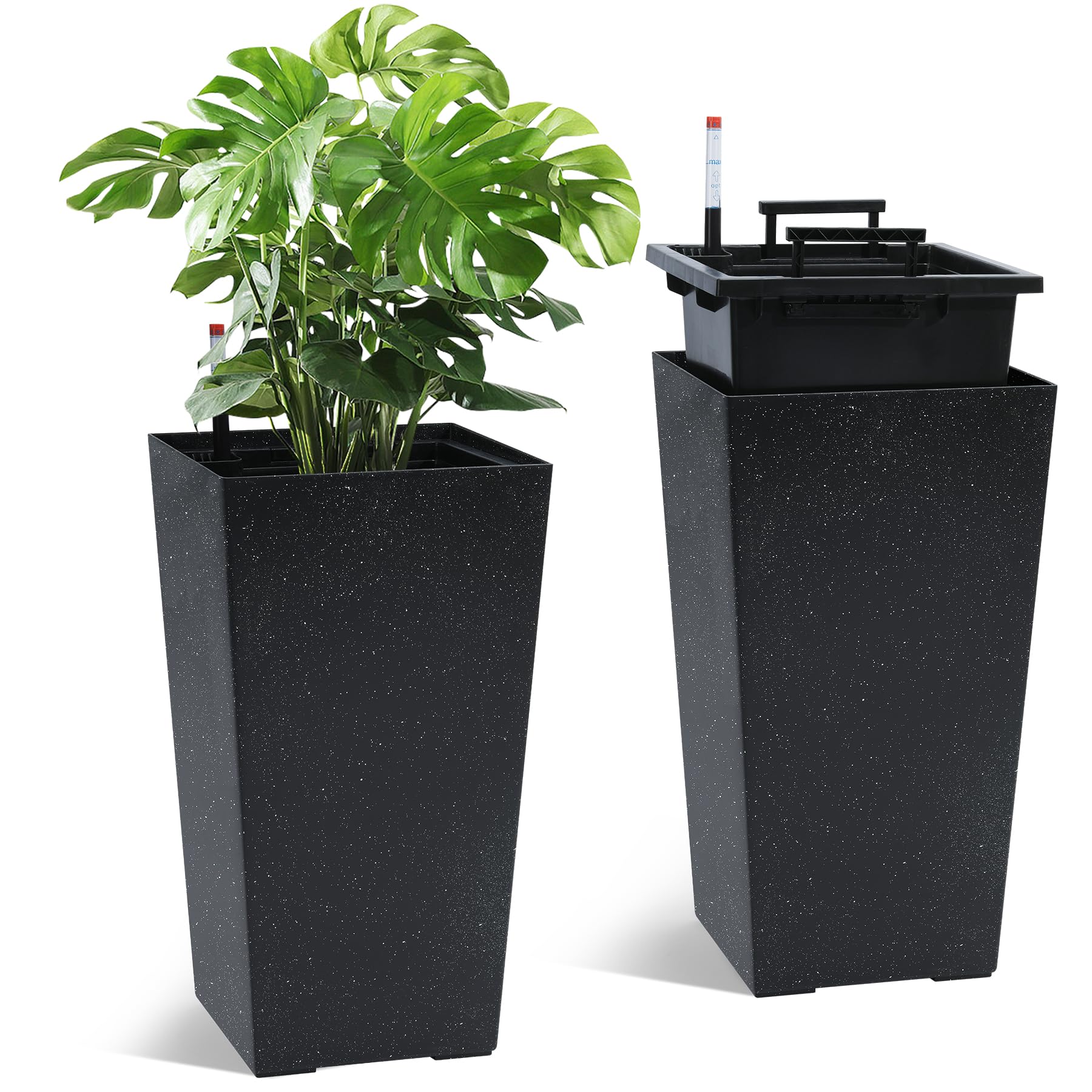 Garvee 21.6" Tall Rectangular Planters Set of 2 Large Modern Plant Pots with Drainage Holes＆Water Level Monitor＆Wheels Outdoor and Indoor for Patio, Porch, Living Room, or Home Office,Black and White Dots