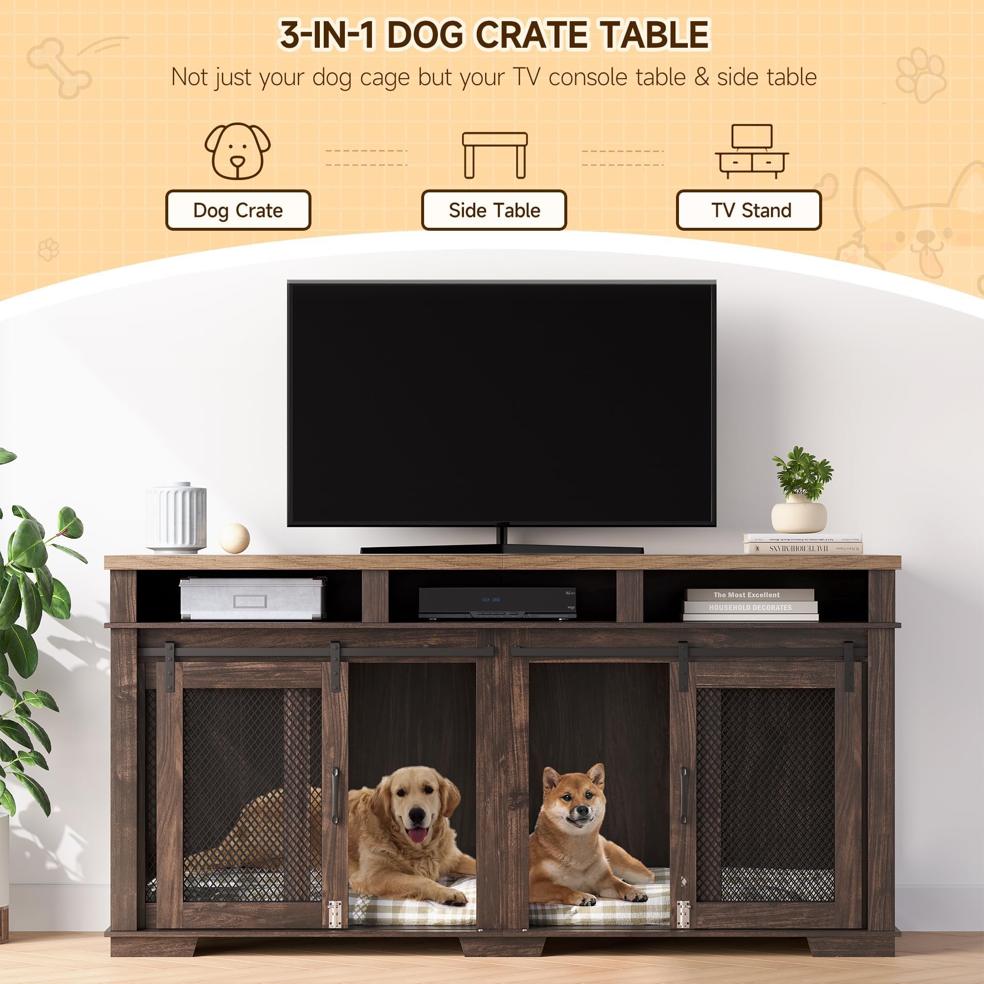 Garvee Dog Crate Furniture, 71" Heavy Duty Dog Kennel Furniture with 3 Storages and Removable Divider, Furniture Style Double Dog Crate Table Indoor TV Stand for Large Medium Dogs, Dark Walnut