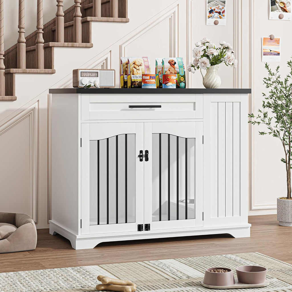 Garvee Wooden Indoor Dog Crate Furniture with Drawer & Lockable Doors, Heavy Duty Indoor Dog Kennel End Table with Feeding Bowls & Storage for Small Medium Large Dogs, White & Walnut