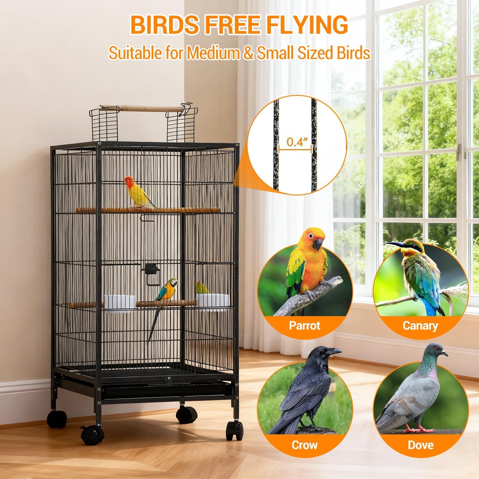 Garvee Small Bird Cage with Wheels, Parakeet Cage, Bird Carrier for Parakeets, Canaries, Lovebirds, Small Quaker, Cockatiels, Budgie, Green Cheek, 40in, Green