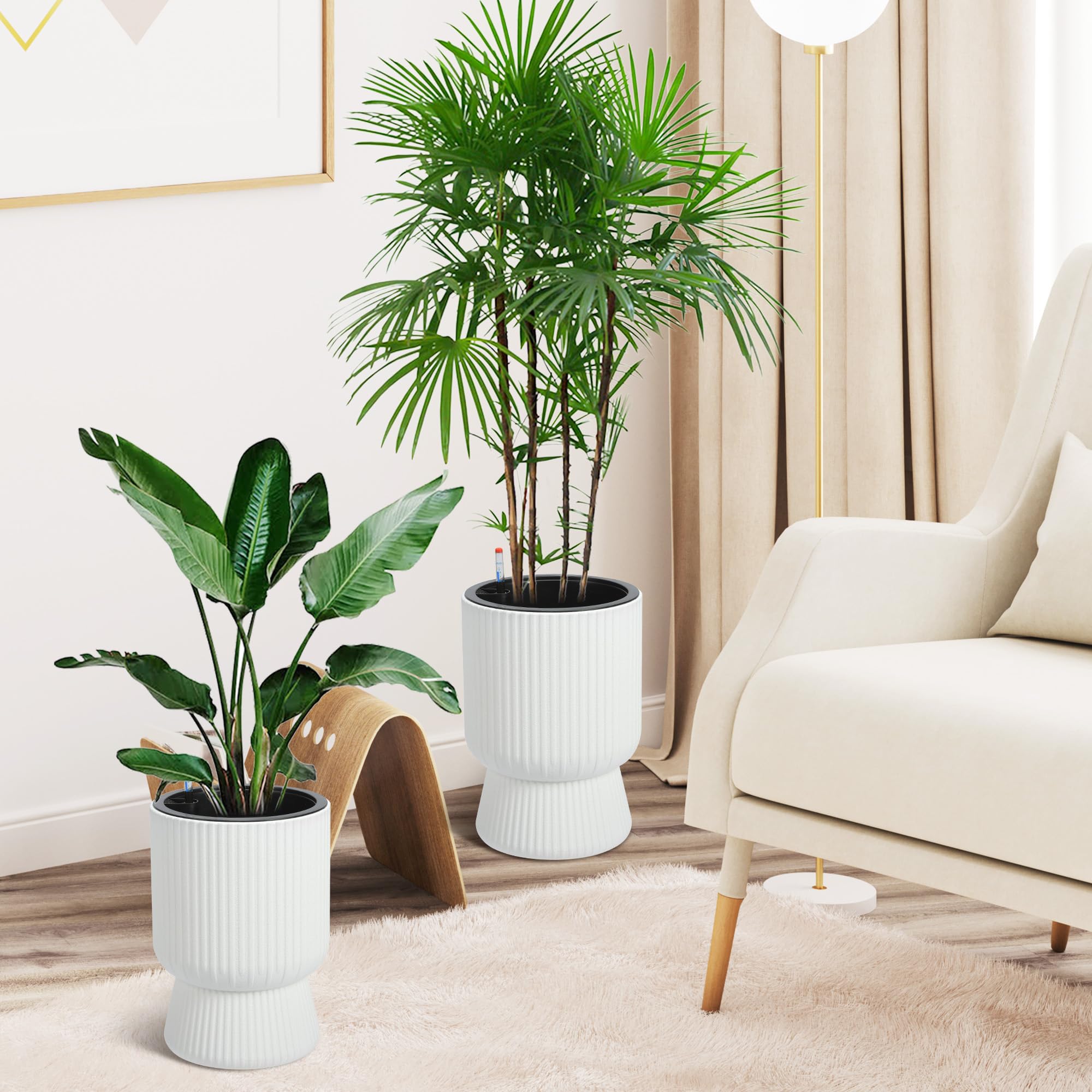 Garvee 14 Inch Plant Pots, Self Watering Planters Set of 2 with Drainage Holes, Tall planters for Indoor Plants, Flower Pots with Water Level Monitor, for Patio, Porch, Living Room, Home Office, White