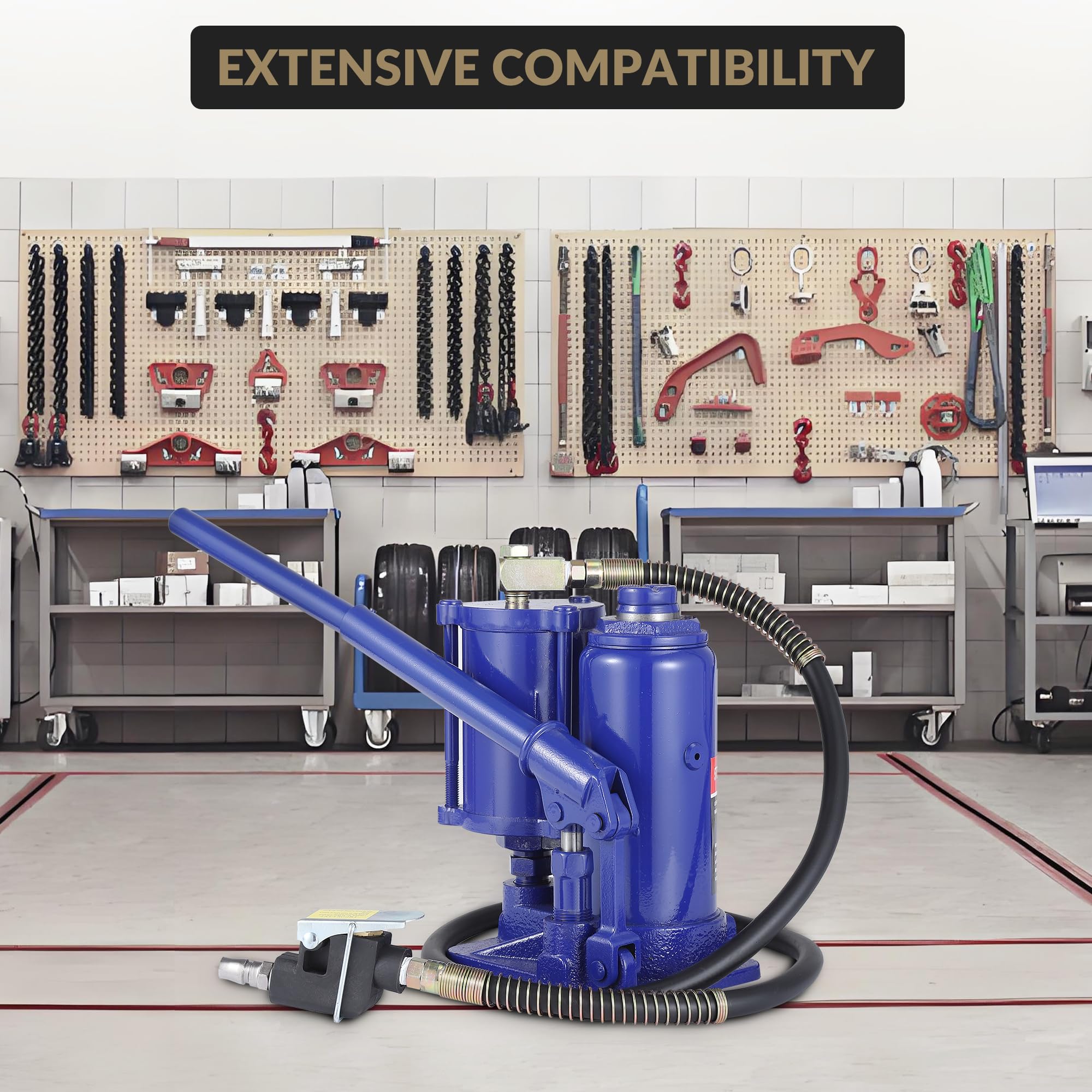 Garvee 5 Ton Pneumatic Air Hydraulic Bottle Jack with Manual Hand Pump, In-Line Cylinder, for Auto Repair & House Lifting