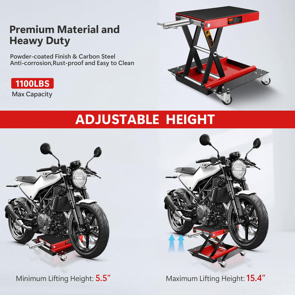 Garvee Motorcycle Scissor Lift Jack - 1100 lbs Capacity Scissor Jack with Dolly and Hand Crank, Ideal for ATVs and Dirt Bikes