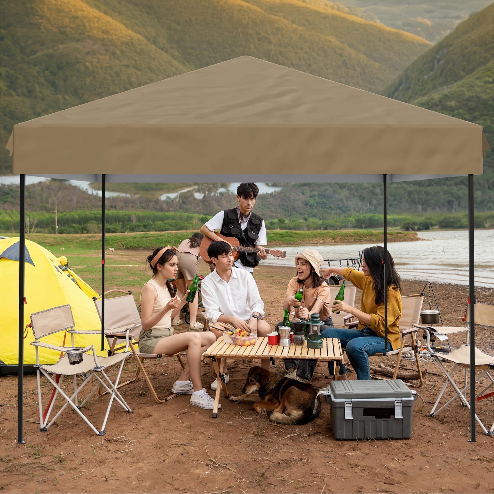 Garvee 10'x10' Pop-Up Canopy Tent - Portable Instant Gazebo with 1 Removable Sidewall, 4 Stakes & Ropes for Outdoor Events, Patio, Party, Camping, Khaki