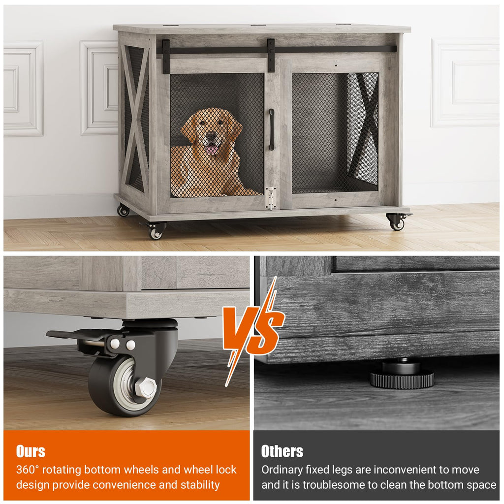 Garvee Dog Crate Furniture with Sliding Barn Door, Flip Top Furniture Style Dog Crate End Table with Wheels, Indoor Dog Kennel House with Removable Divider, Gray
