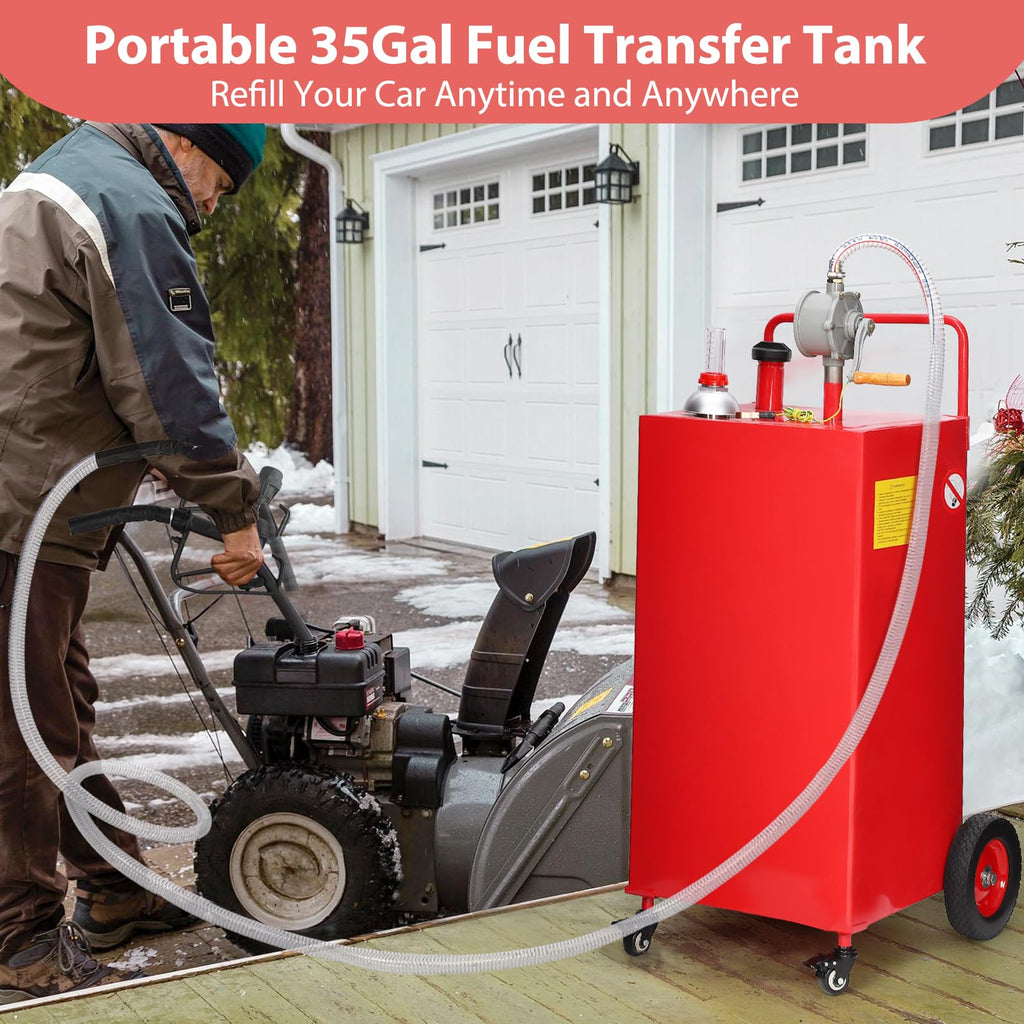 Garvee 35 Gallon Stainless Steel Portable Fuel Caddy, Manual Pump & 4 Wheels - Red / 35 Gallon
