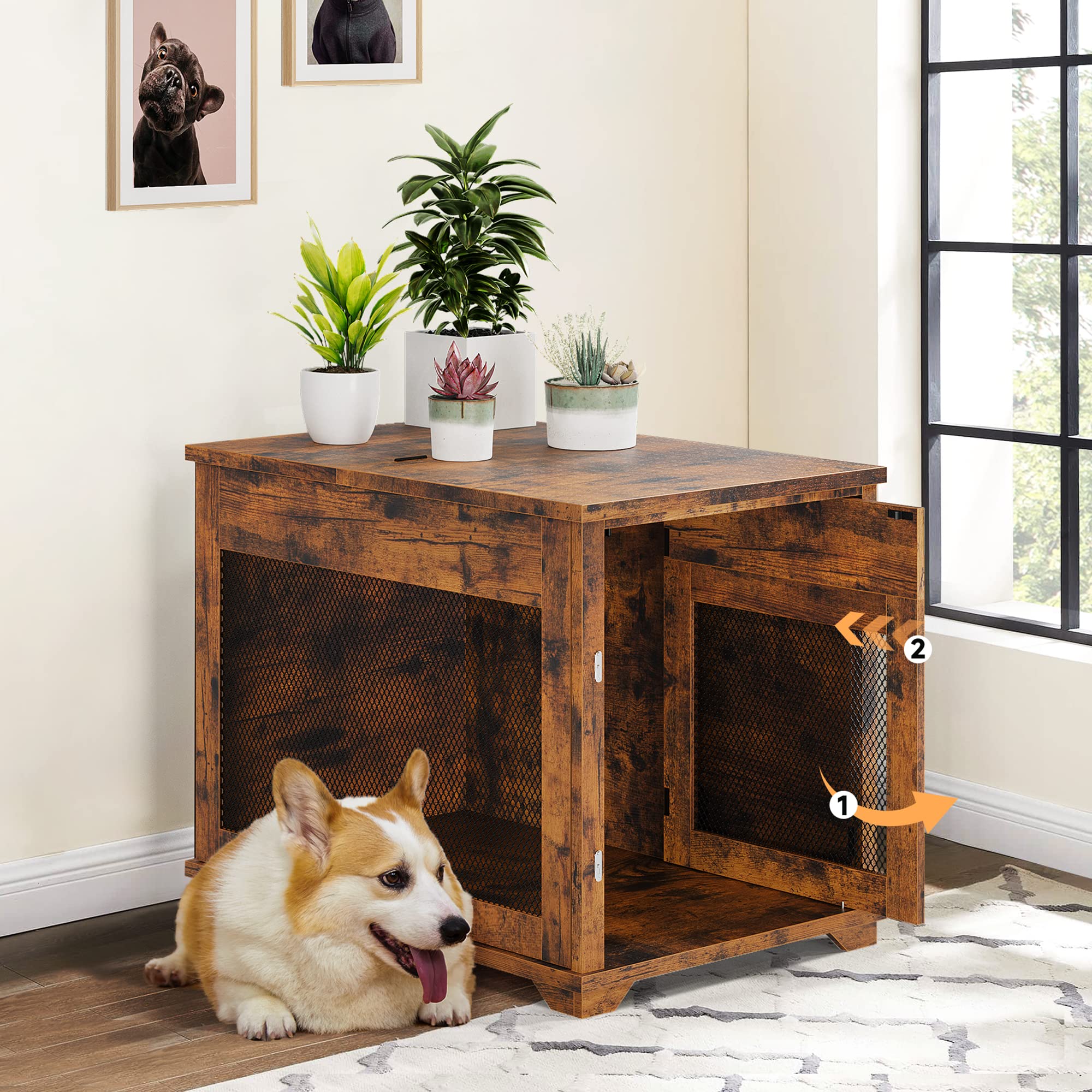 Garvee Furniture Style Dog Crate with Pocket Hiding Door, Lockable End Table, Rustic Brown, Flip Top, 32” for Small Dogs