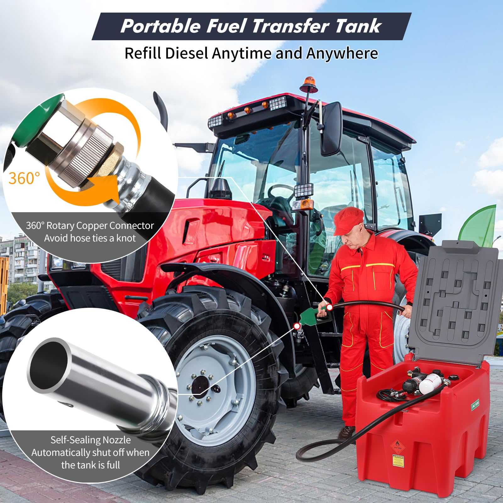 Garvee Portable Diesel Tank, 53 Gallon Fuel Tank with 12V Electric Fuel Transfer Pump, 10 GPM Diesel Transfer Tank with Auto Fueling Nozzle & 360° Swivel Connector with 13.1ft Hose (Red, 53 Gal)