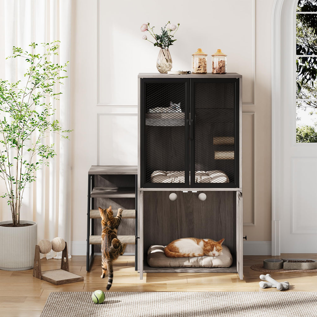 Garvee Cat Litter Box Enclosure with Doors, Double Cat House with Storage, Ladder, Grey, 22.6"L x 17.7"W x 10.9"H