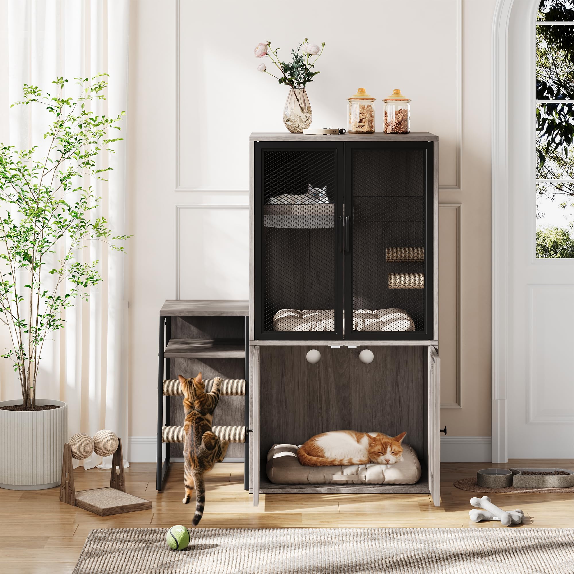 Garvee Cat Litter Box Enclosure with Doors, Double Cat House with Storage, Ladder, Grey, 22.6"L x 17.7"W x 10.9"H