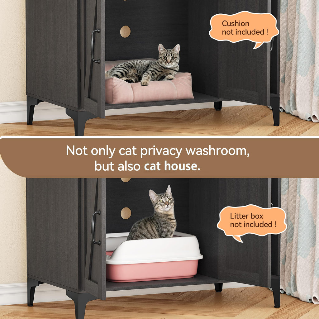 Garvee Cat Litter Box Enclosure, Modern Hidden Cat Litter Box Furniture with 4-Tier Storage Shelves, 2 Cabinets, Cat Litter Mat, Large Wood Indoor Cat House Furniture for Home, Walnut Wood