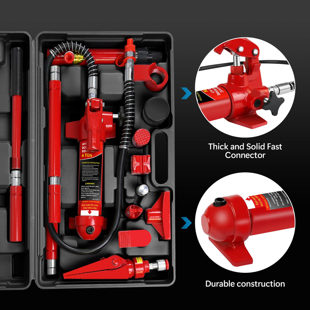 Garvee 4 Ton Hydraulic Porta Power Jack Kit - 8000lbs Heavy-Duty Car Lift with 17-Piece Accessory Set, 1.25M Hose, and Carrying Case for Auto Repair, Frame Straightening, and Equipment Maintenance