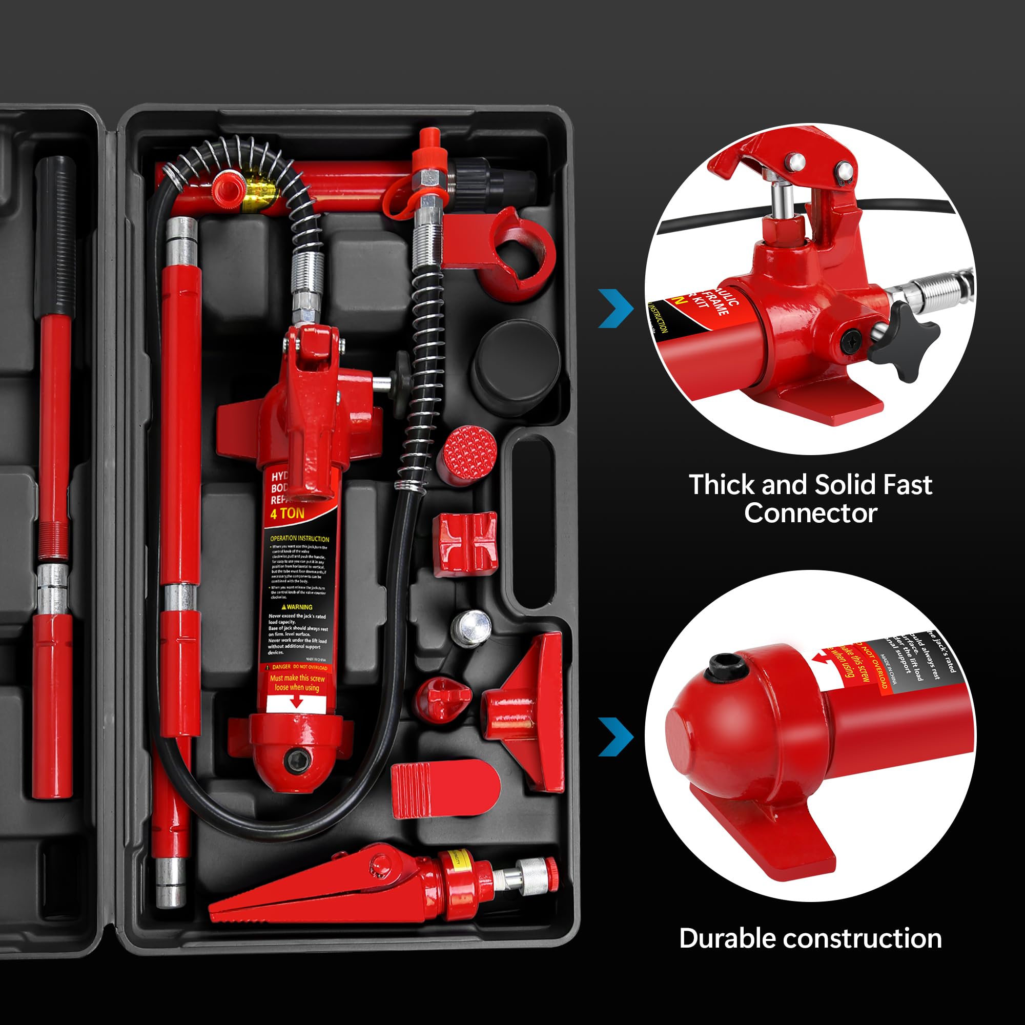 Garvee 4 Ton Hydraulic Porta Power Jack Kit - 8000lbs Heavy-Duty Car Lift with 17-Piece Accessory Set, 1.25M Hose, and Carrying Case for Auto Repair, Frame Straightening, and Equipment Maintenance