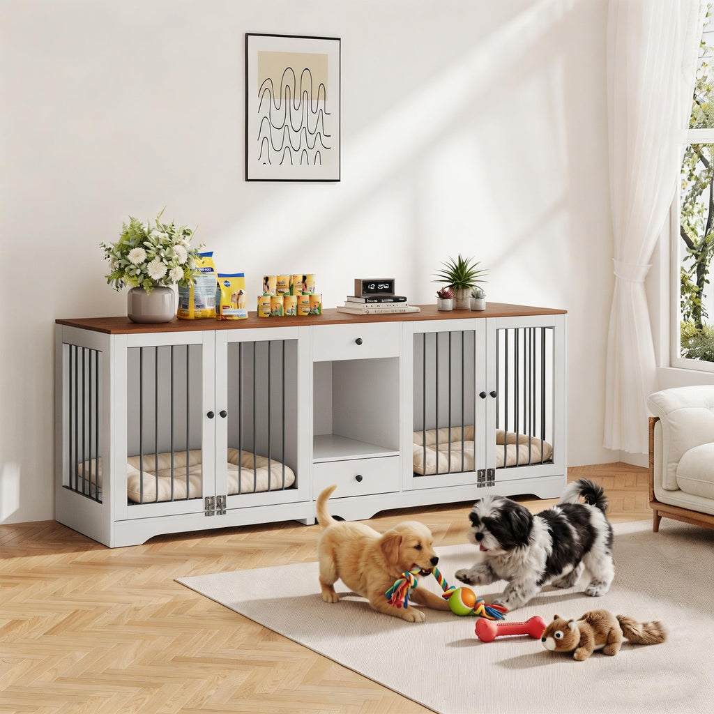 Garvee Dog Crate Furniture 83'' Indoor Dog Kennel with 4 Lockable Doors & 2 Drawers for Medium and Large Dogs, White, Multi-Functional Living Room Furniture