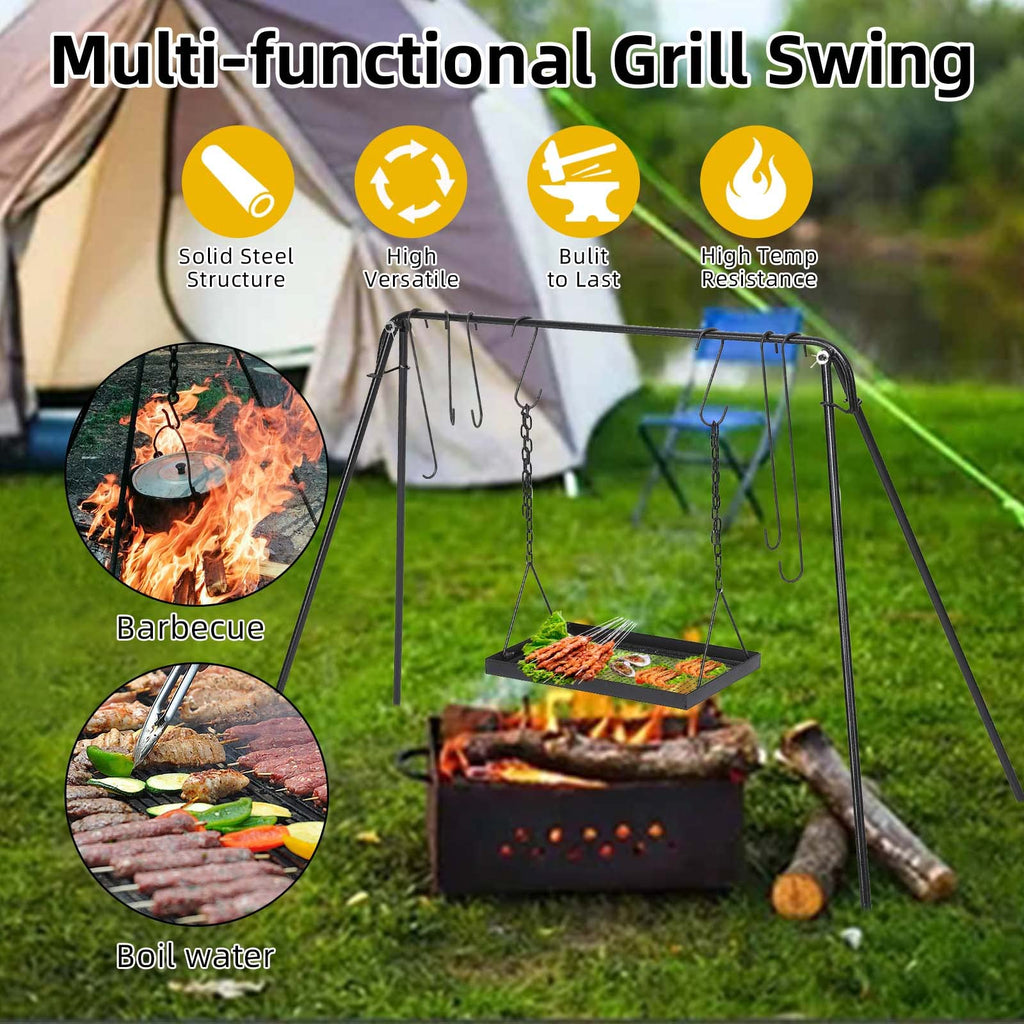 Garvee Campfire Swing Grill with Adjustable Rack for BBQ & Picnic - with 7 Hooks
