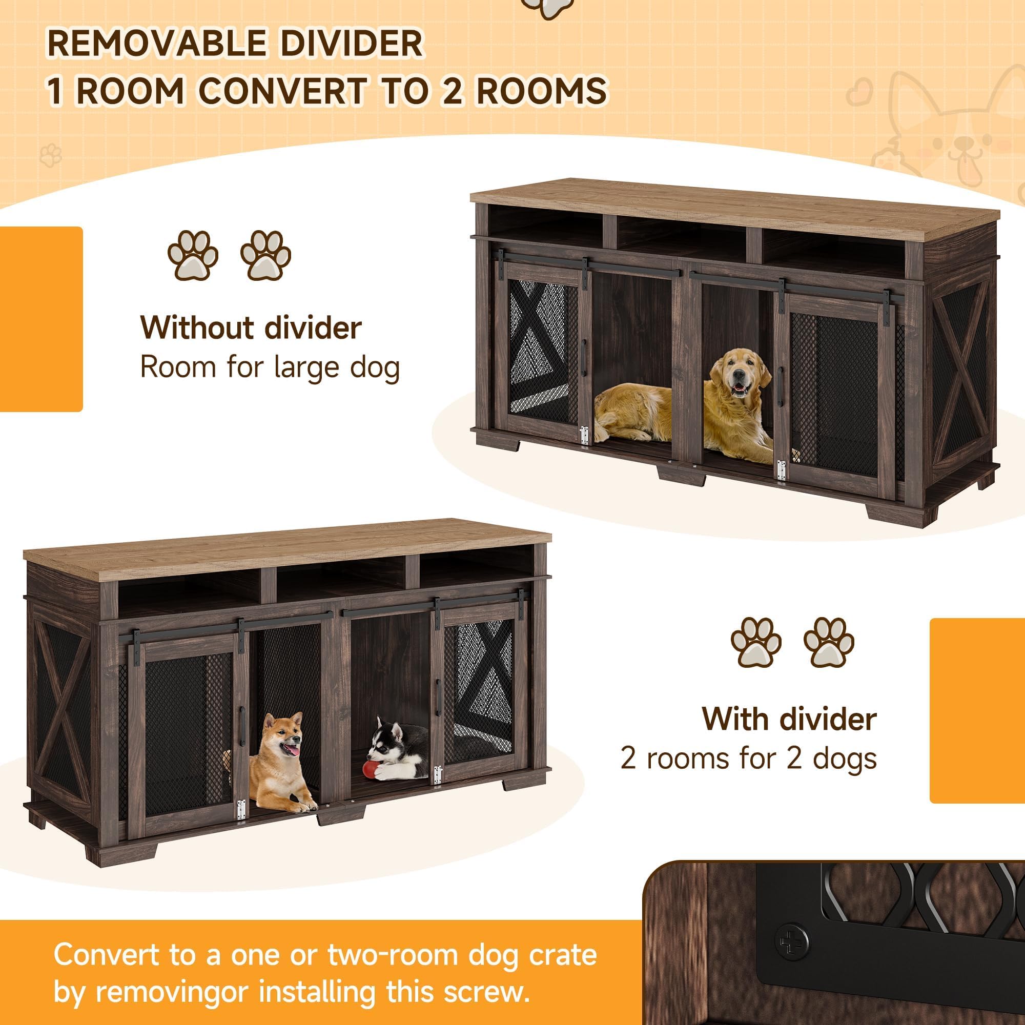 Garvee Dog Crate Furniture, 71" Heavy Duty Dog Kennel Furniture with 3 Storages and Removable Divider, Furniture Style Double Dog Crate Table Indoor TV Stand for Large Medium Dogs, Dark Walnut
