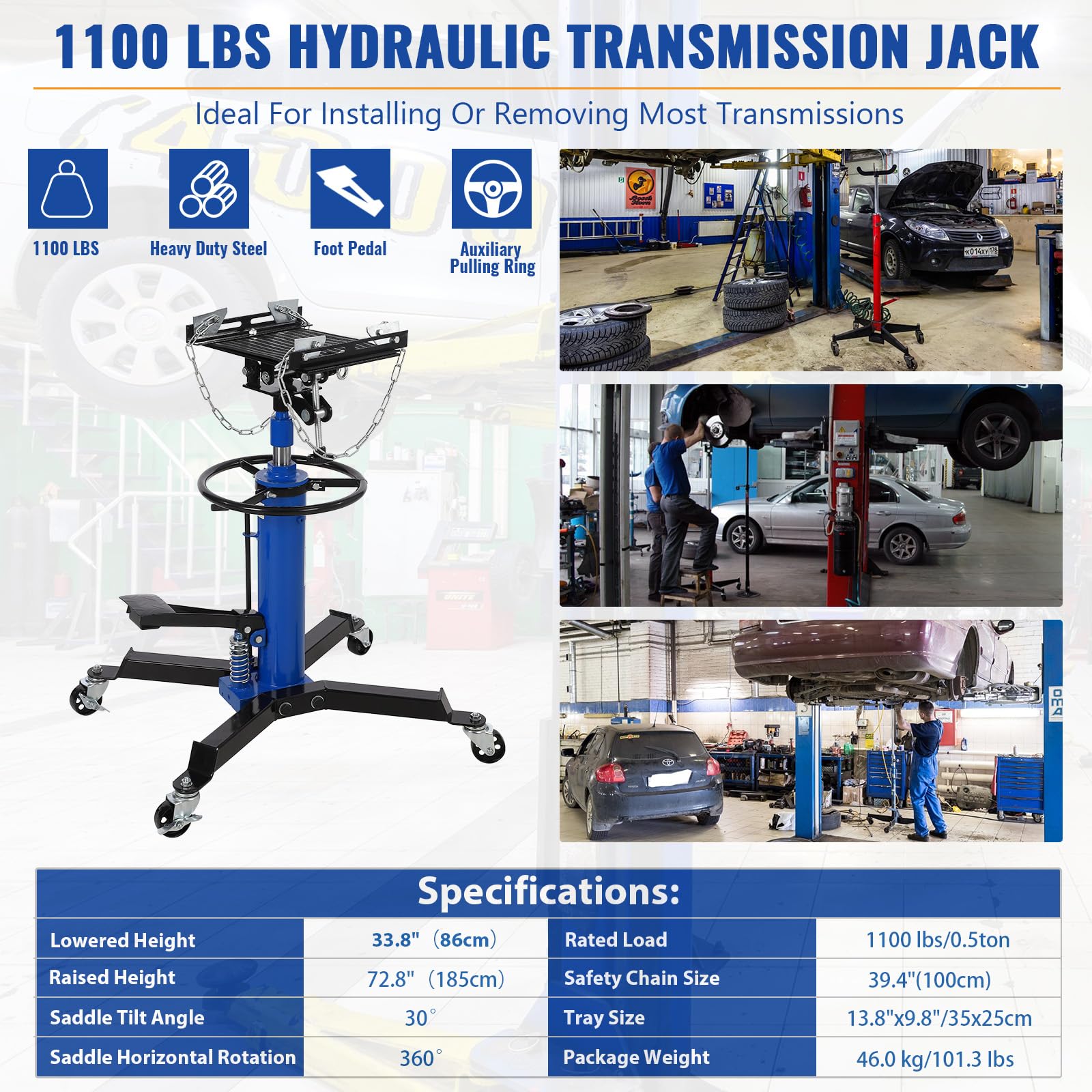 Garvee 1322lbs Transmission Jack Lift with Anti-Slip Rubber Pad, Adjustable Telescoping Hydraulic Transmission Jack, High Lift Single Telescopic Jacks Hoist w/Pedal, 33.8" to 72.8" Lifting Range